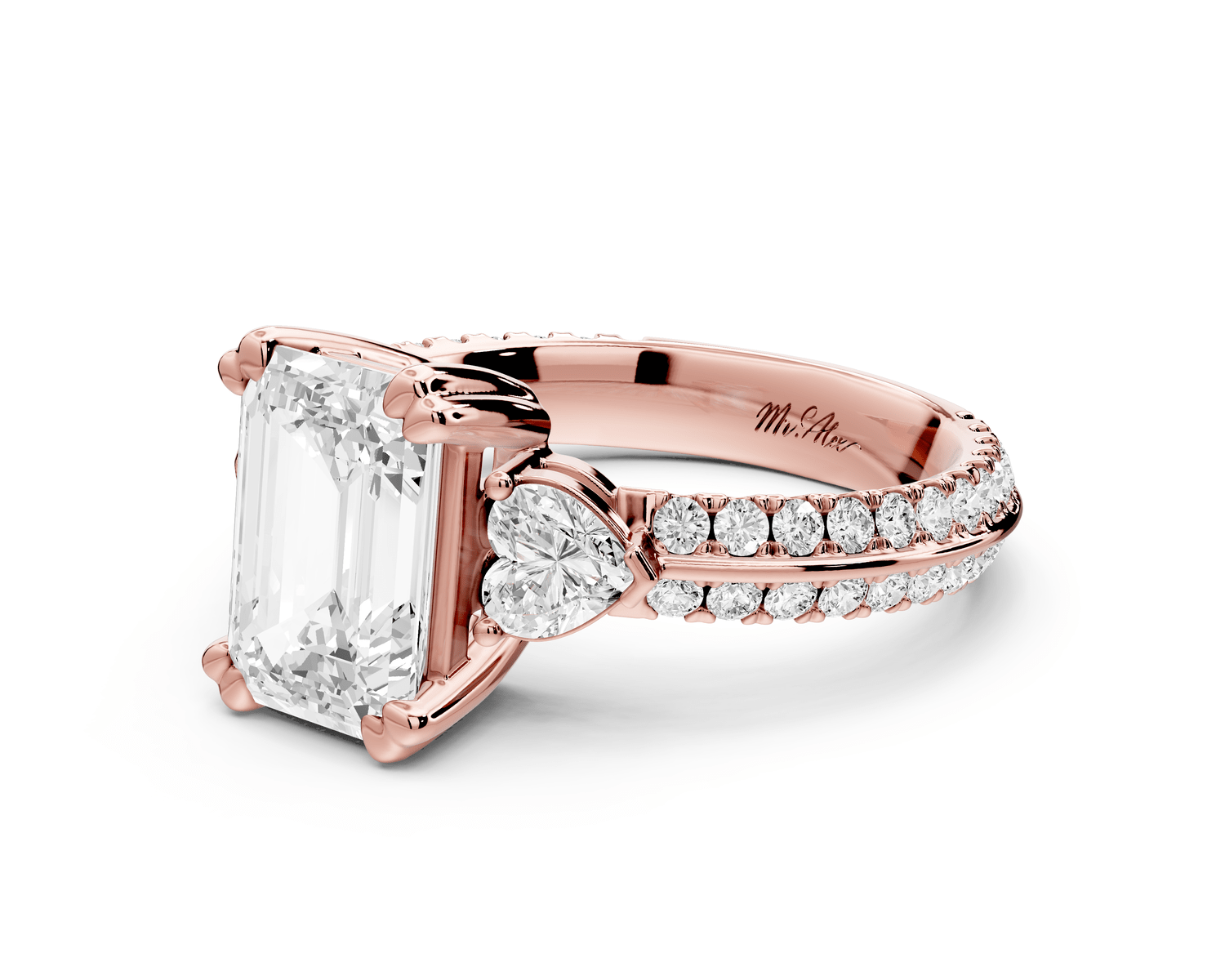 Elinor - 2ct 18k rose gold emerald diamond Double talon prongs with two heart side stones and rollover pavé engagement ring - Mr. Alex Jewelry