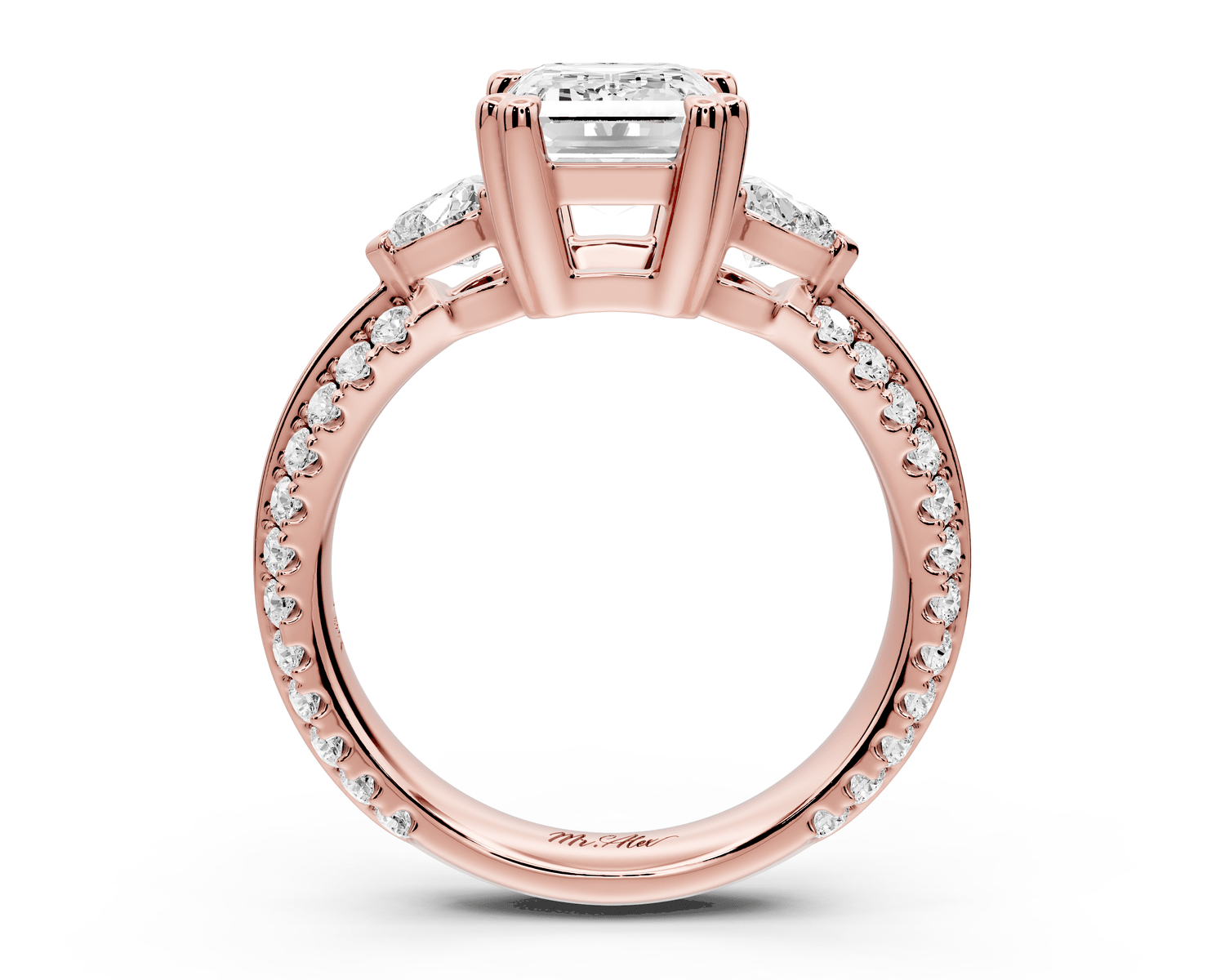 Elinor - 2ct 18k rose gold emerald diamond Double talon prongs with two heart side stones and rollover pavé engagement ring - Mr. Alex Jewelry