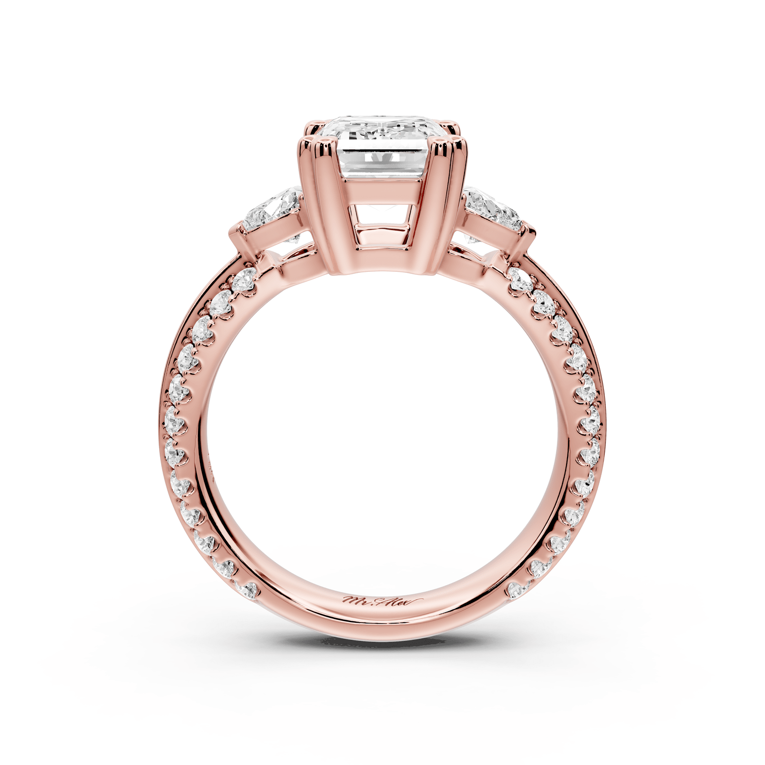 Elinor - 2ct 18k rose gold emerald diamond Double talon prongs with two heart side stones and rollover pavé engagement ring - Mr. Alex Jewelry