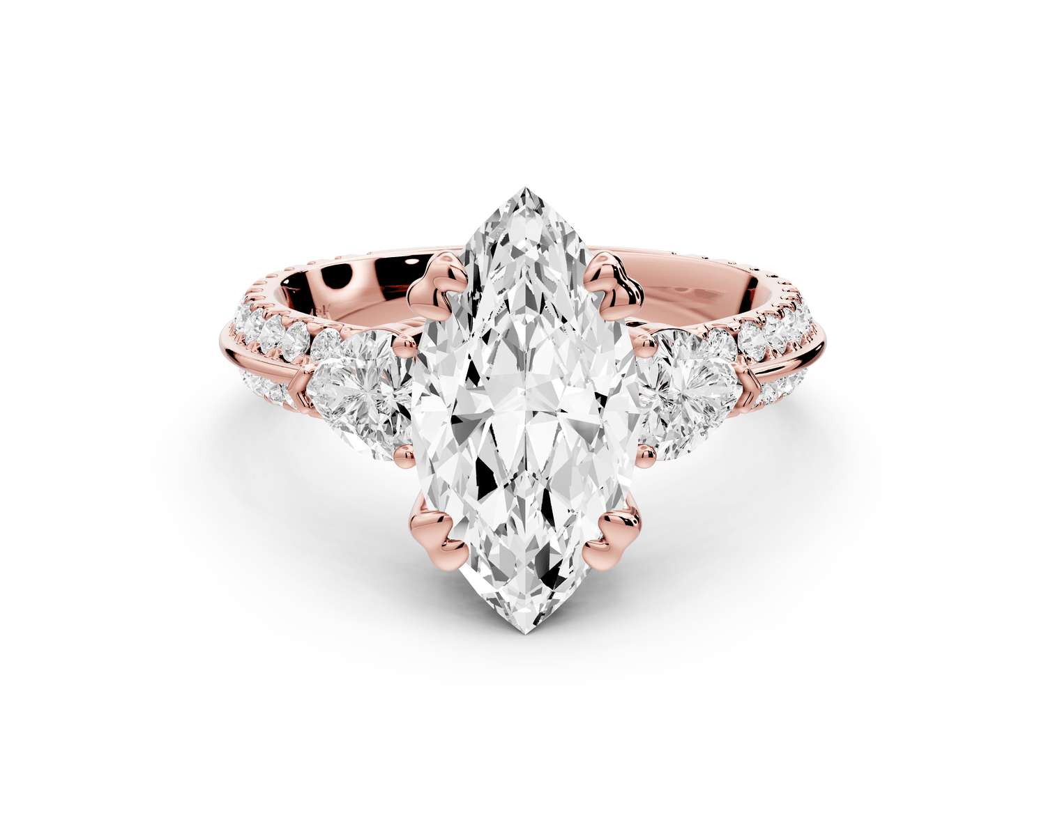 Elinor - 2ct 18k rose gold marquise diamond Double talon prongs with two heart side stones and rollover pavé engagement ring - Mr. Alex Jewelry