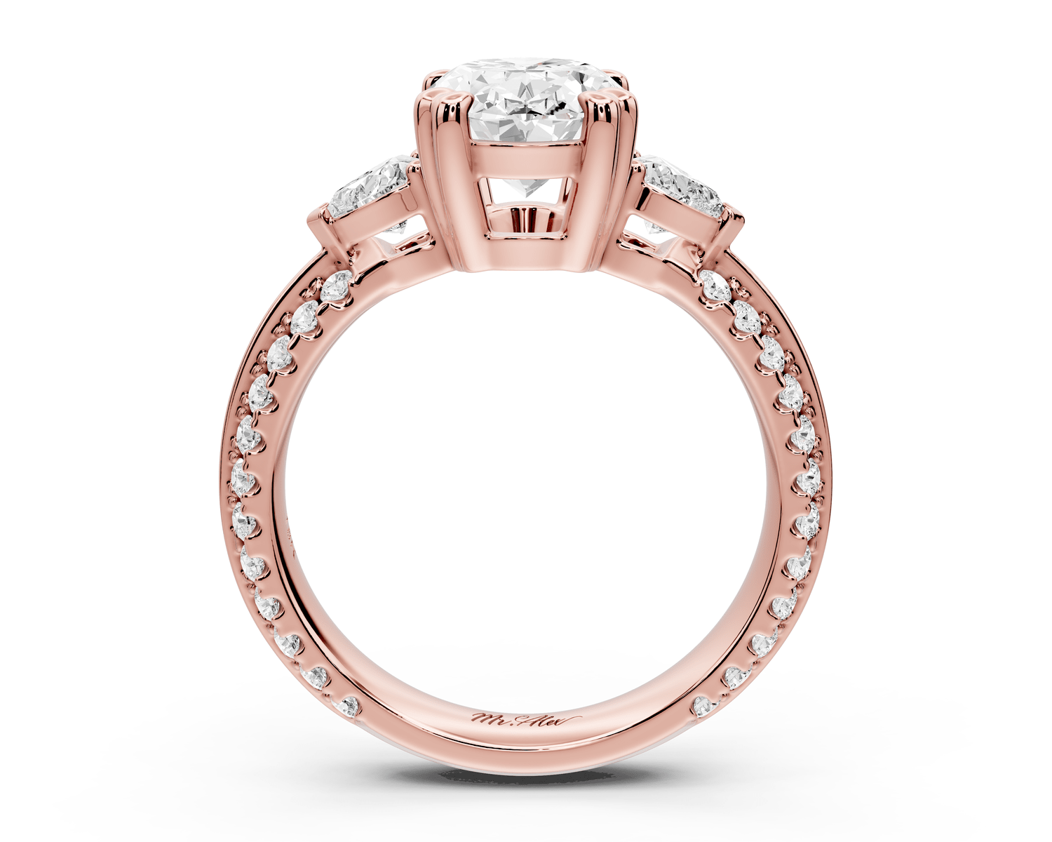 Elinor - 2ct 18k rose gold oval diamond Double talon prongs with two heart side stones and rollover pavé engagement ring - Mr. Alex Jewelry