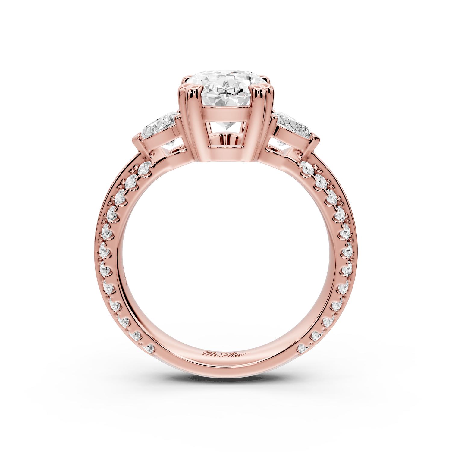Elinor - 2ct 18k rose gold oval diamond Double talon prongs with two heart side stones and rollover pavé engagement ring - Mr. Alex Jewelry