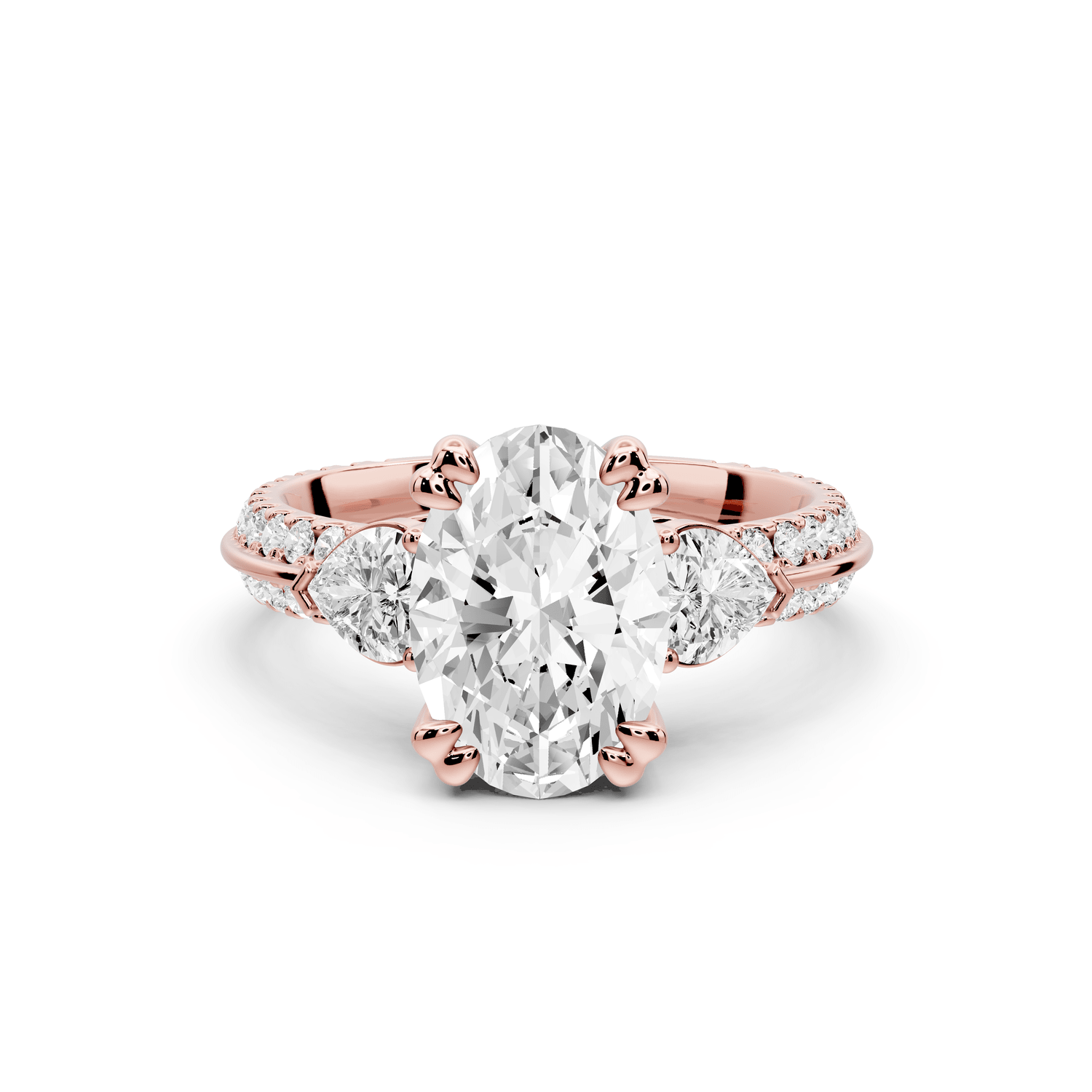 Elinor - 2ct 18k rose gold oval diamond Double talon prongs with two heart side stones and rollover pavé engagement ring - Mr. Alex Jewelry