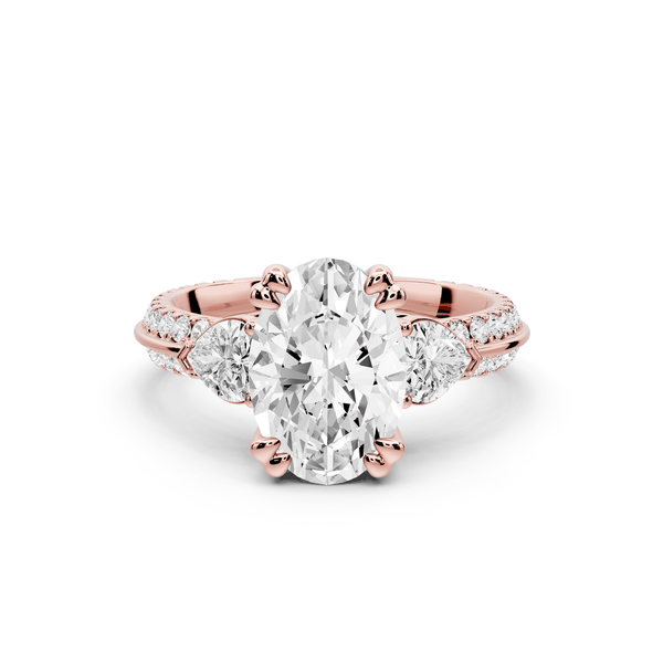 Elinor - 2ct 18k rose gold oval diamond Double talon prongs with two heart side stones and rollover pavé engagement ring - Mr. Alex Jewelry