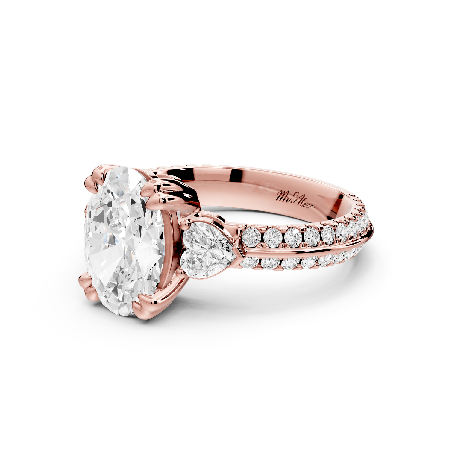 Elinor - 2ct 18k rose gold oval diamond Double talon prongs with two heart side stones and rollover pavé engagement ring - Mr. Alex Jewelry