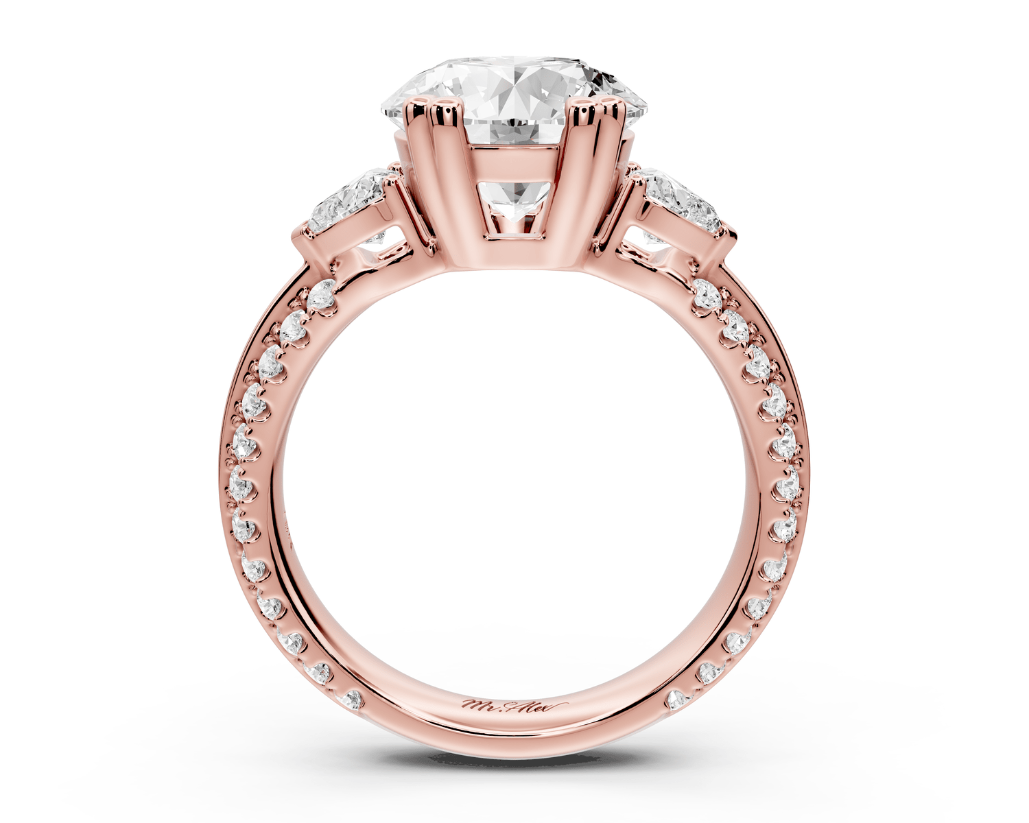 Elinor - 2ct 18k rose gold pear diamond Double talon prongs with two heart side stones and rollover pavé engagement ring - Mr. Alex Jewelry
