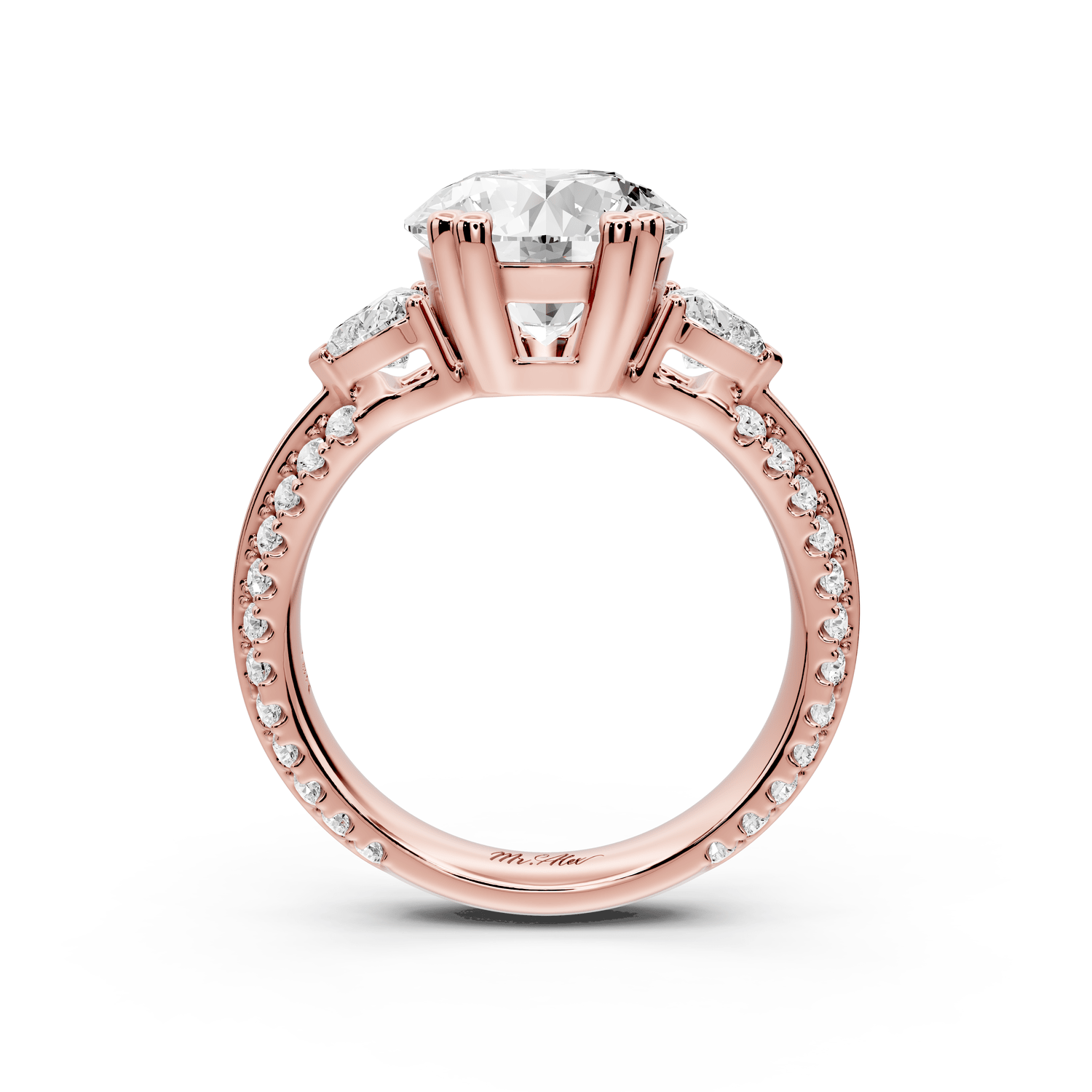 Elinor - 2ct 18k rose gold pear diamond Double talon prongs with two heart side stones and rollover pavé engagement ring - Mr. Alex Jewelry