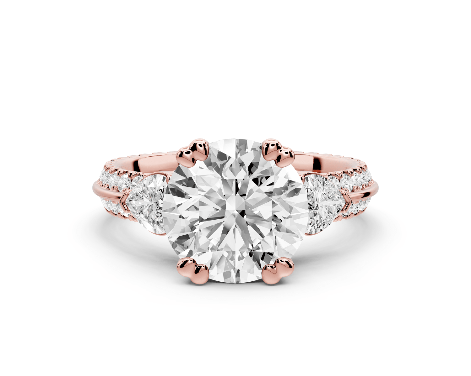 Elinor - 2ct 18k rose gold pear diamond Double talon prongs with two heart side stones and rollover pavé engagement ring - Mr. Alex Jewelry