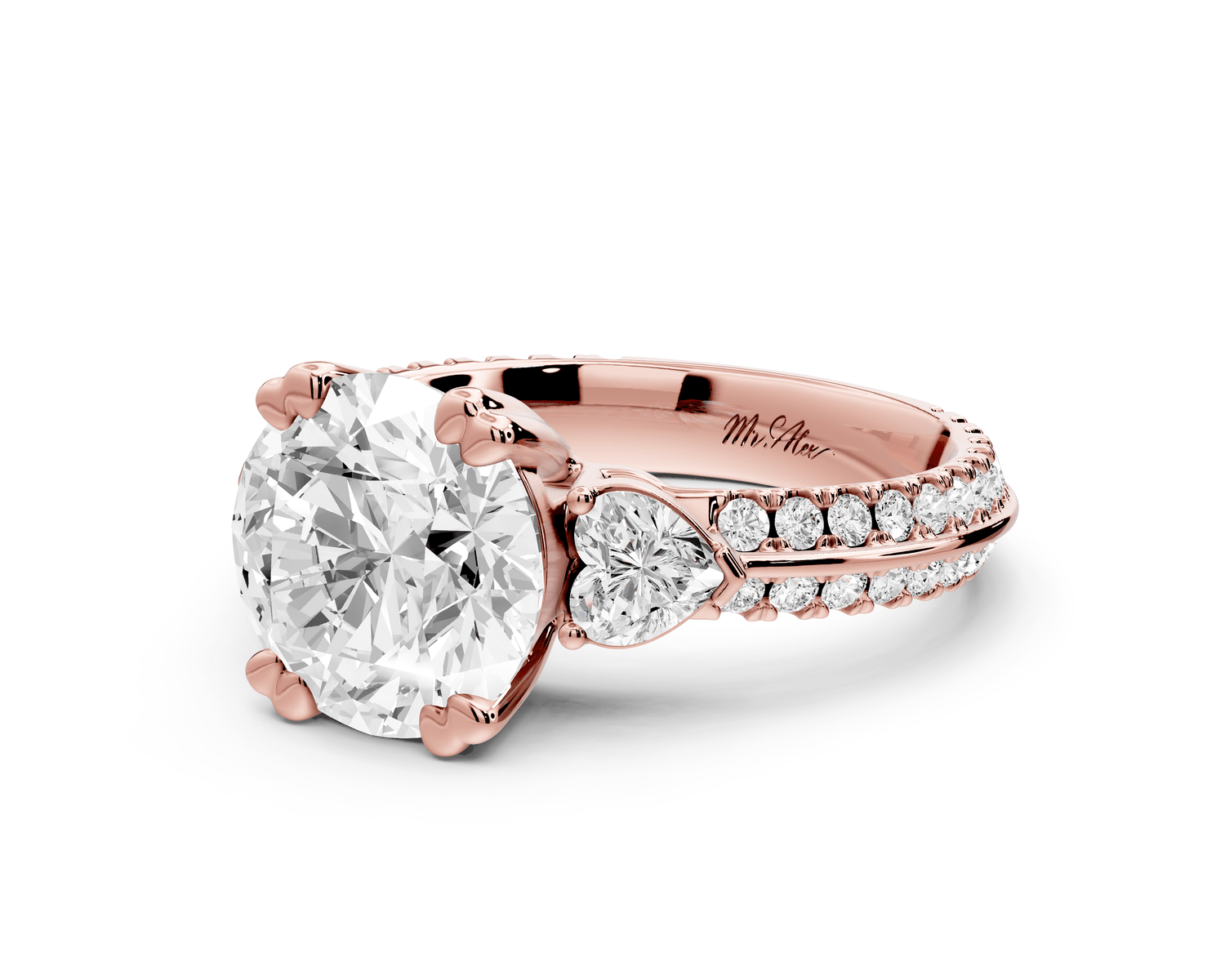 Elinor - 2ct 18k rose gold pear diamond Double talon prongs with two heart side stones and rollover pavé engagement ring - Mr. Alex Jewelry