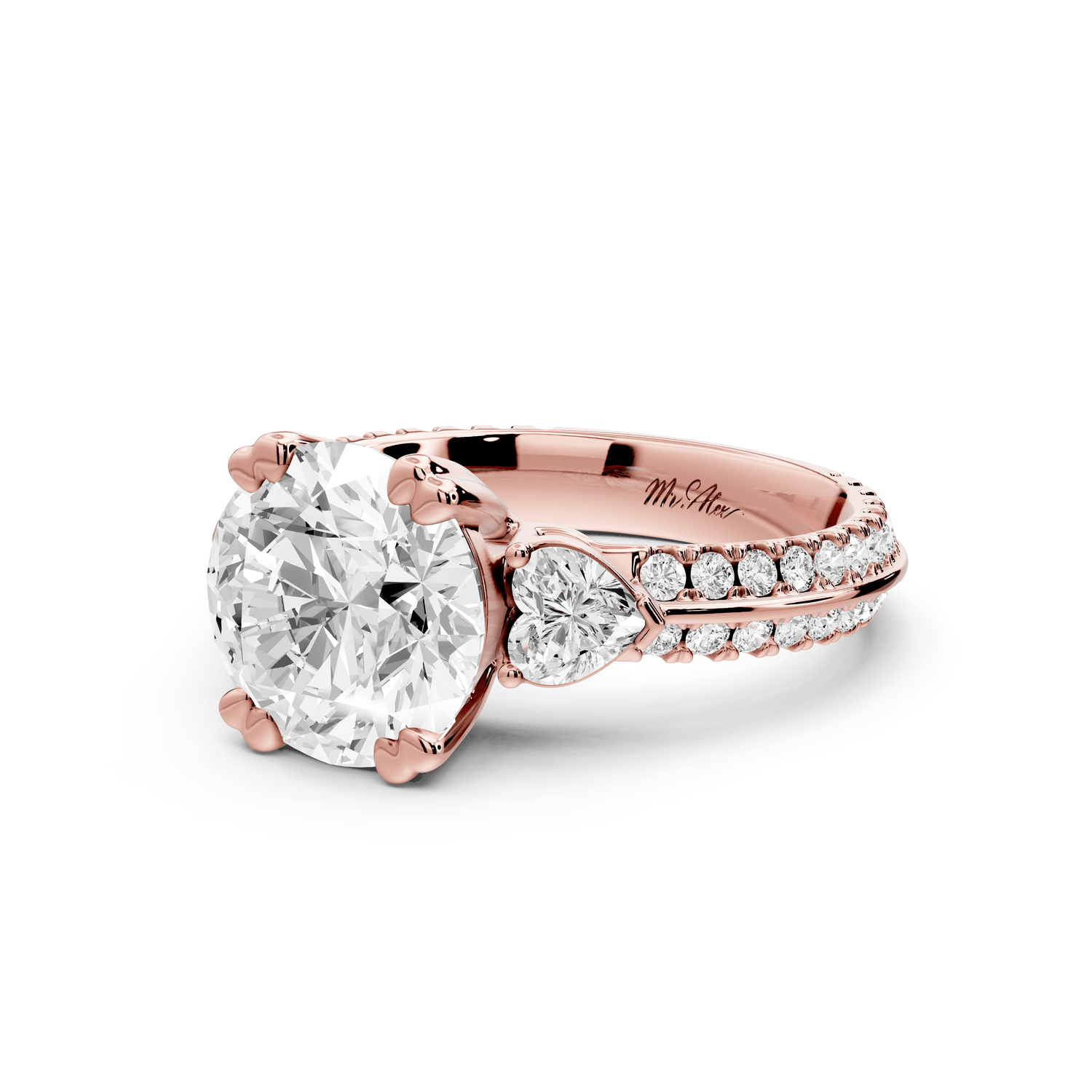 Elinor - 2ct 18k rose gold pear diamond Double talon prongs with two heart side stones and rollover pavé engagement ring - Mr. Alex Jewelry