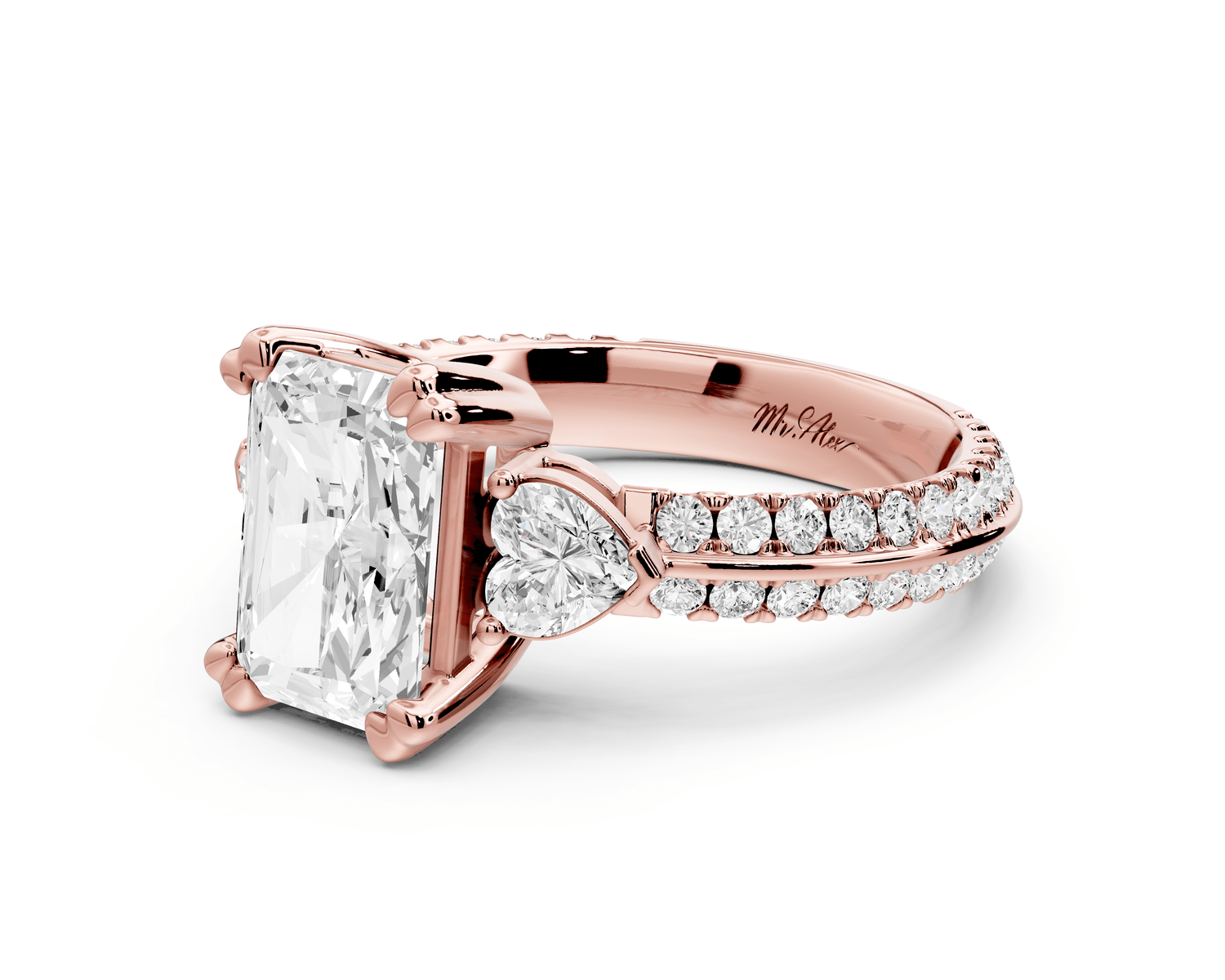 Elinor - 2ct 18k rose gold radiant diamond Double talon prongs with two heart side stones and rollover pavé engagement ring - Mr. Alex Jewelry
