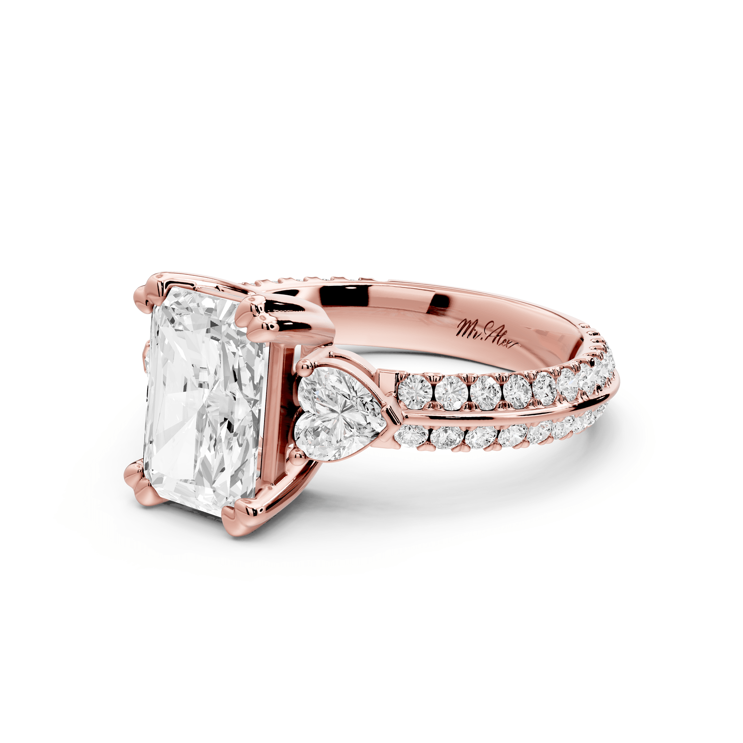 Elinor - 2ct 18k rose gold radiant diamond Double talon prongs with two heart side stones and rollover pavé engagement ring - Mr. Alex Jewelry