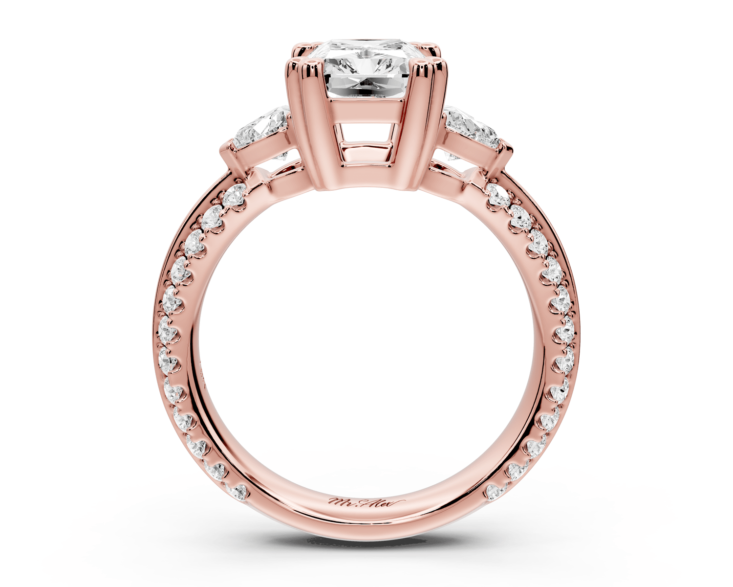 Elinor - 2ct 18k rose gold radiant diamond Double talon prongs with two heart side stones and rollover pavé engagement ring - Mr. Alex Jewelry