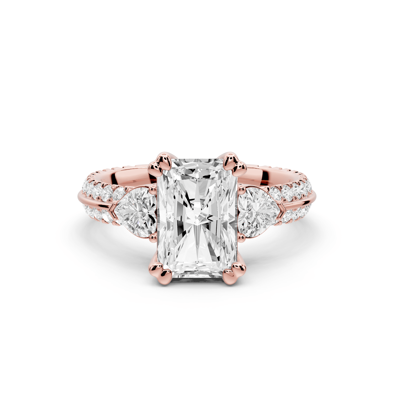 Elinor - 2ct 18k rose gold radiant diamond Double talon prongs with two heart side stones and rollover pavé engagement ring - Mr. Alex Jewelry