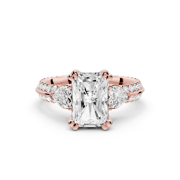 Elinor - 2ct 18k rose gold radiant diamond Double talon prongs with two heart side stones and rollover pavé engagement ring - Mr. Alex Jewelry