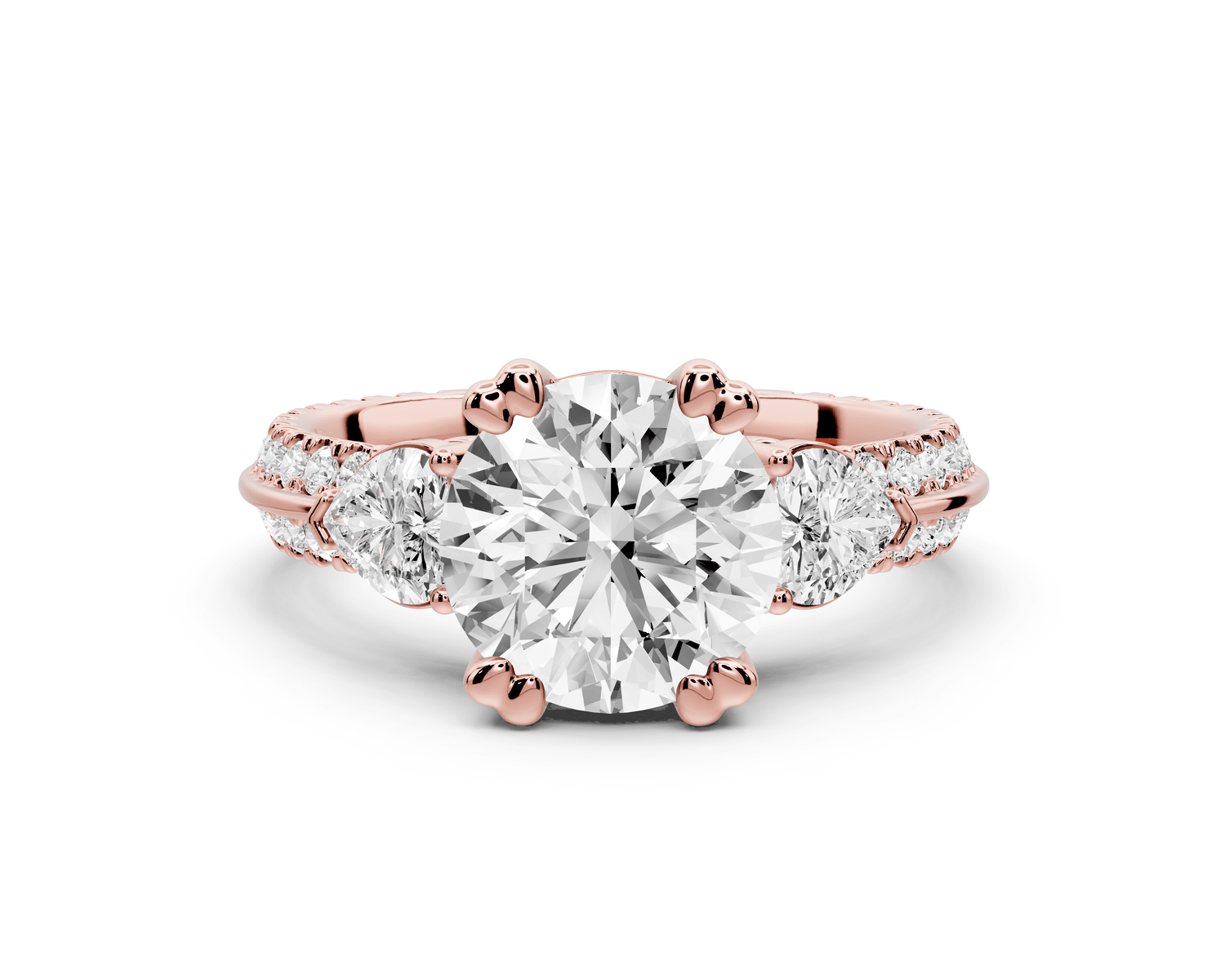 Elinor - 2ct 18k rose gold round diamond Double talon prongs with two heart side stones and rollover pavé engagement ring - Mr. Alex Jewelry