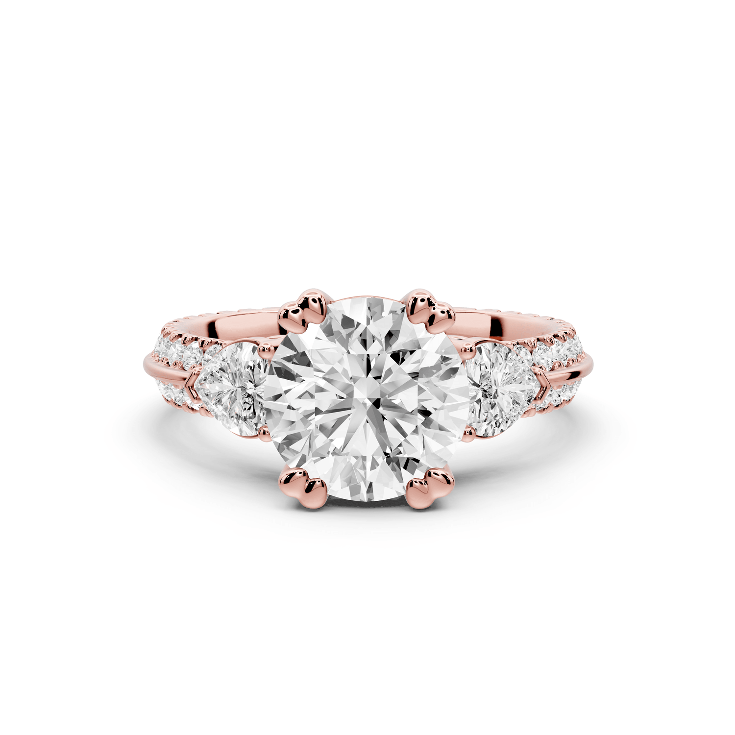 Elinor - 2ct 18k rose gold round diamond Double talon prongs with two heart side stones and rollover pavé engagement ring - Mr. Alex Jewelry