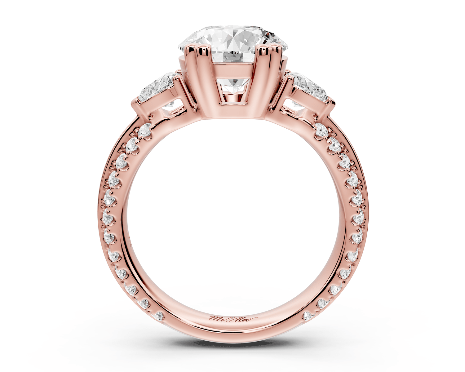 Elinor - 2ct 18k rose gold round diamond Double talon prongs with two heart side stones and rollover pavé engagement ring - Mr. Alex Jewelry