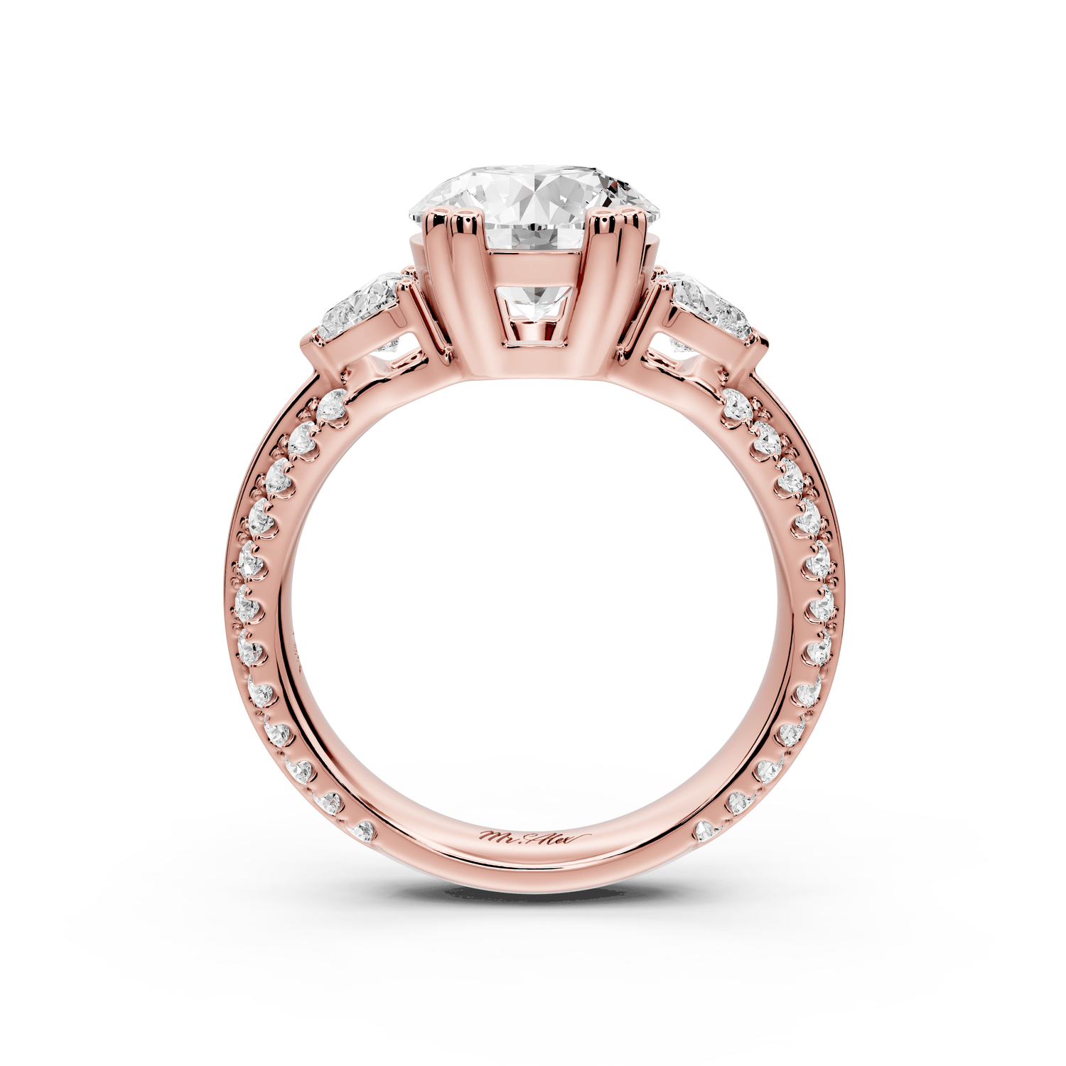 Elinor - 2ct 18k rose gold round diamond Double talon prongs with two heart side stones and rollover pavé engagement ring - Mr. Alex Jewelry