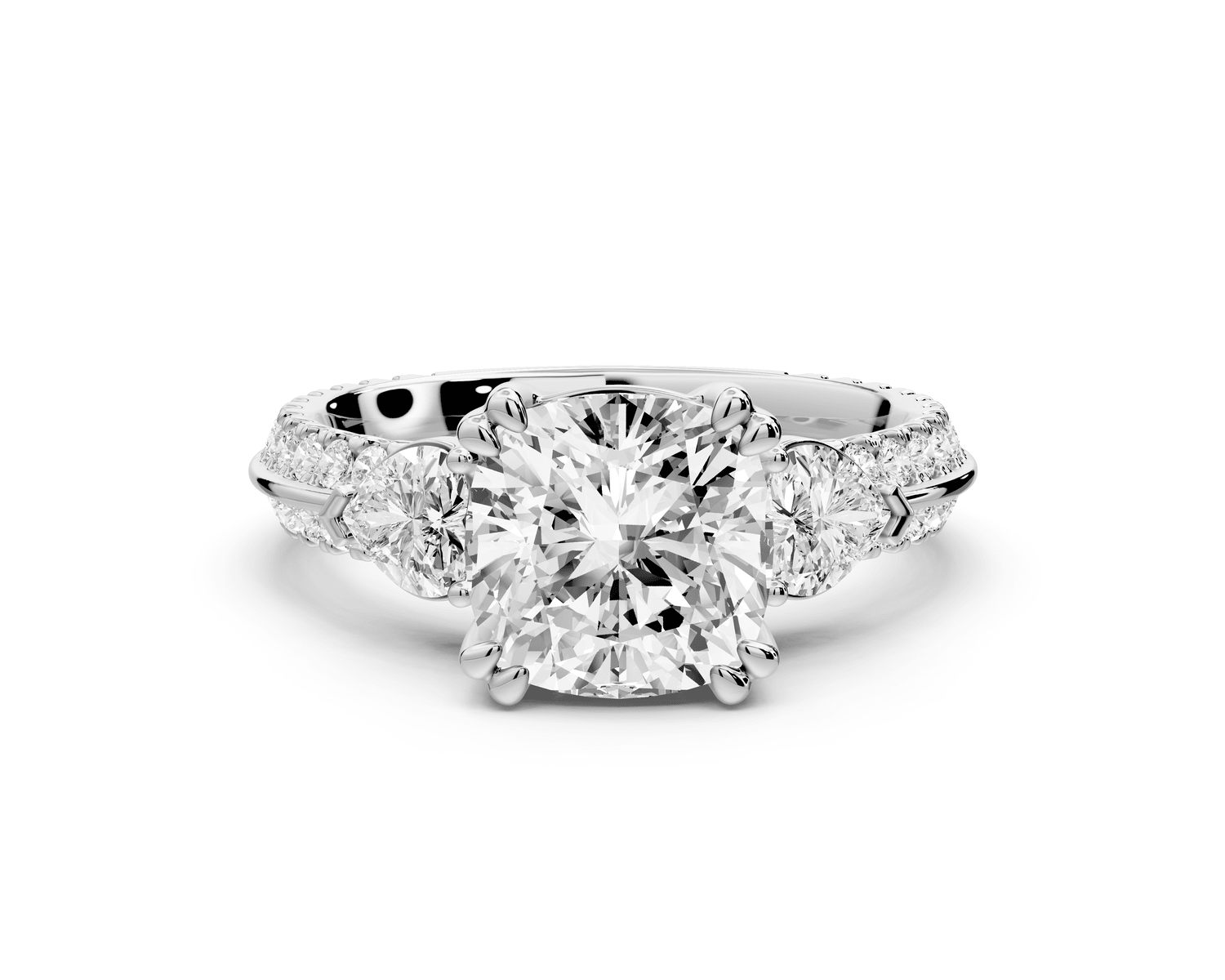 Elinor - 2ct 18k white gold cushion diamond Double talon prongs with two heart side stones and rollover pavé engagement ring - Mr. Alex Jewelry