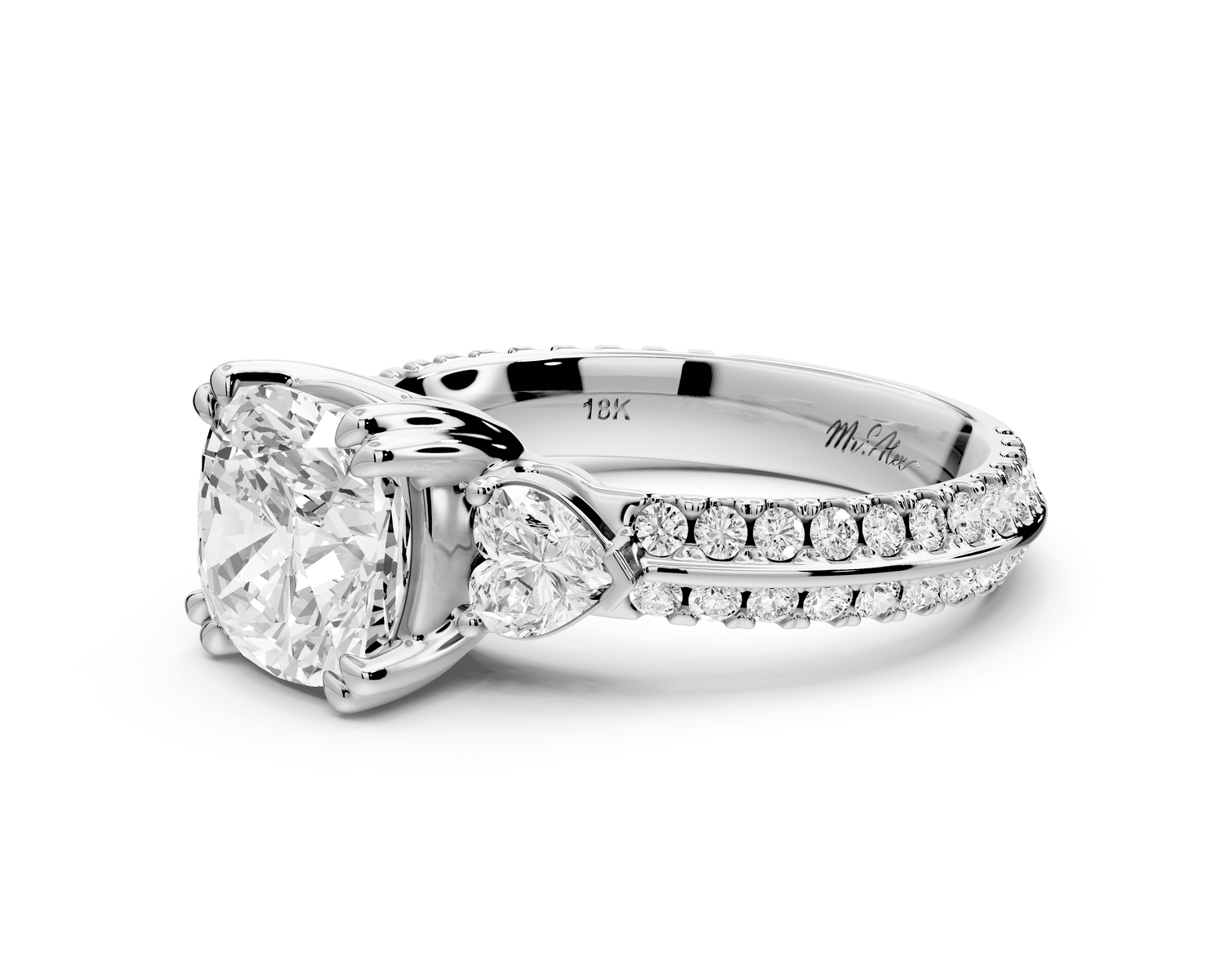 Elinor - 2ct 18k white gold cushion diamond Double talon prongs with two heart side stones and rollover pavé engagement ring - Mr. Alex Jewelry