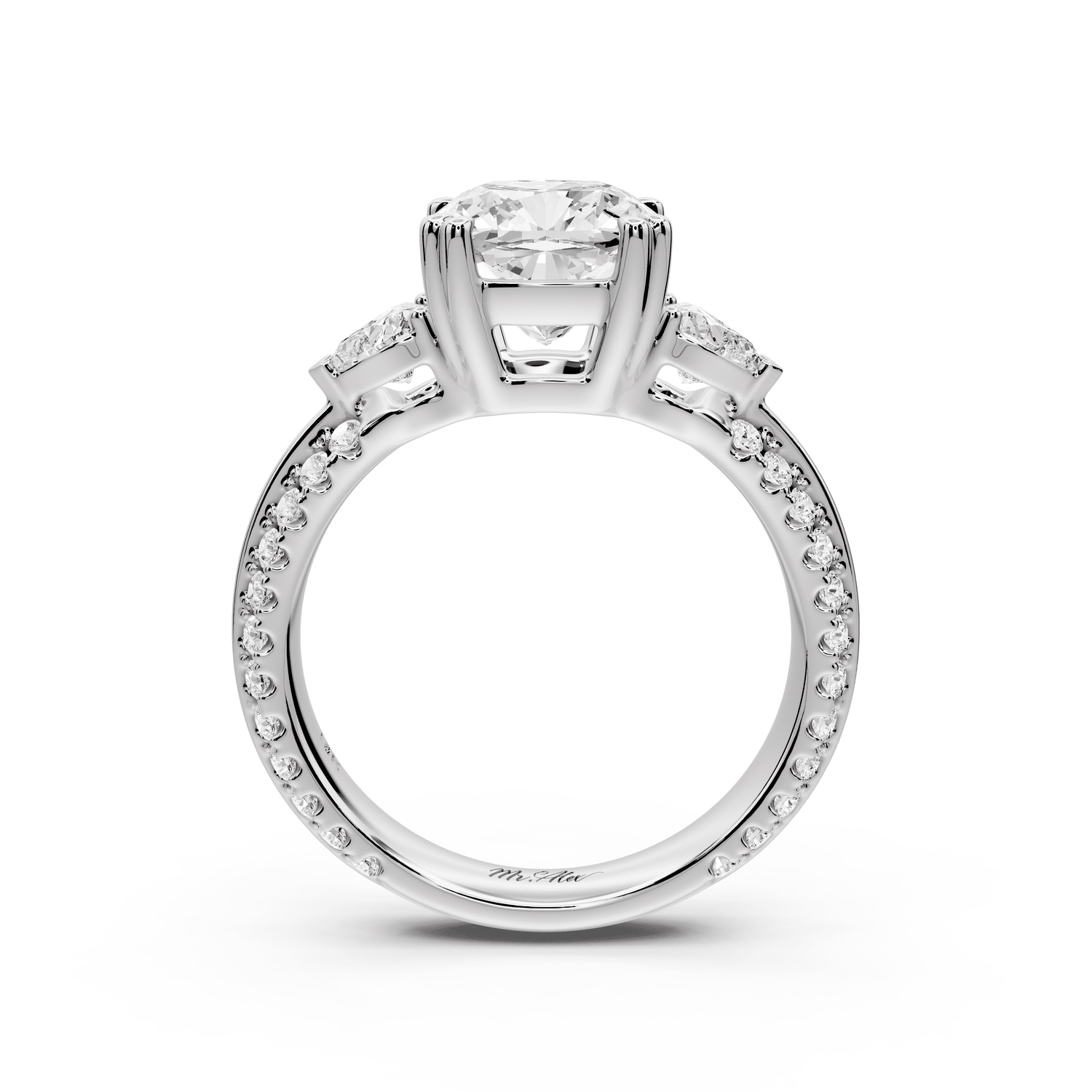 Elinor - 2ct 18k white gold cushion diamond Double talon prongs with two heart side stones and rollover pavé engagement ring - Mr. Alex Jewelry