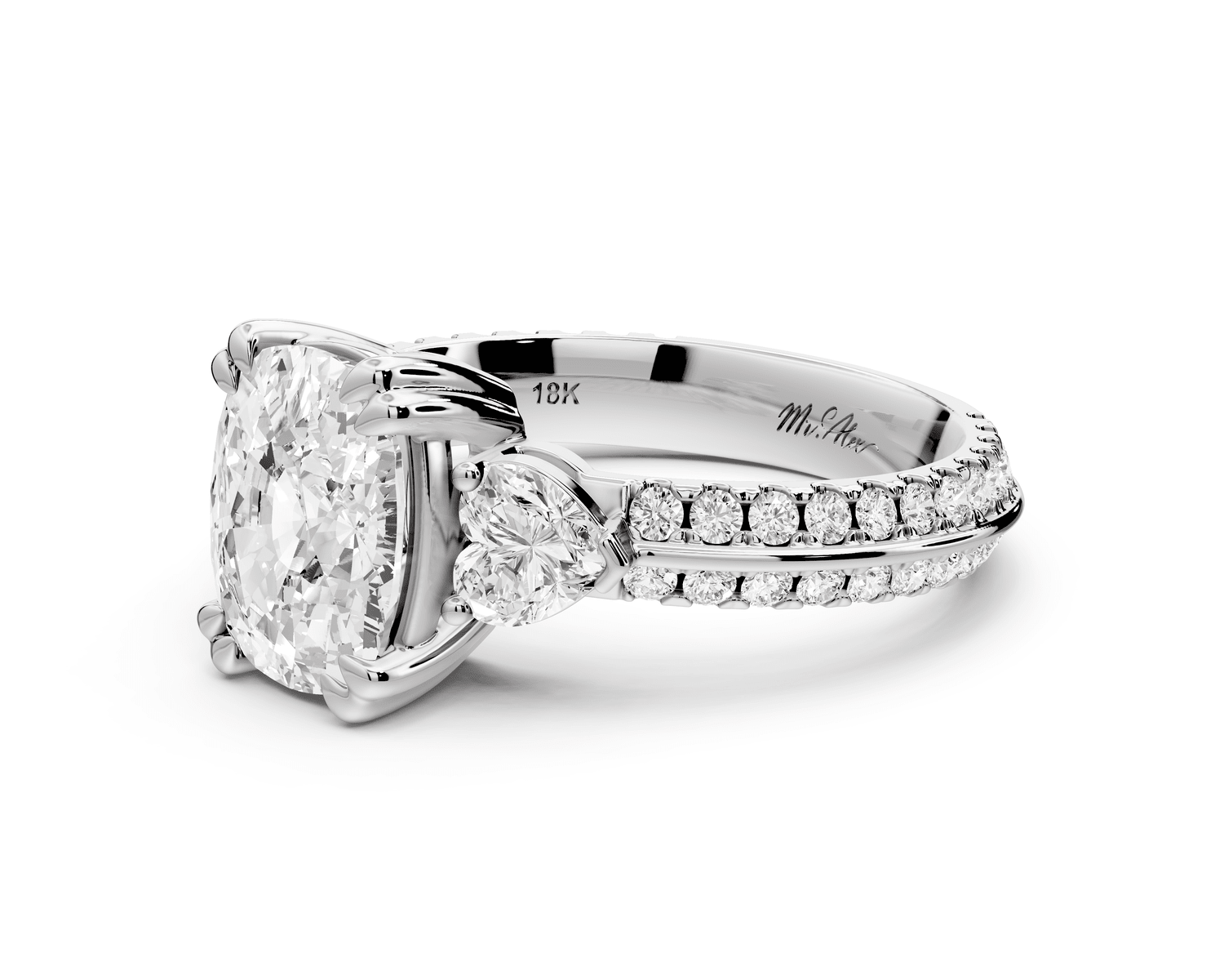 Elinor - 2ct 18k white gold ecushion diamond Double talon prongs with two heart side stones and rollover pavé engagement ring - Mr. Alex Jewelry