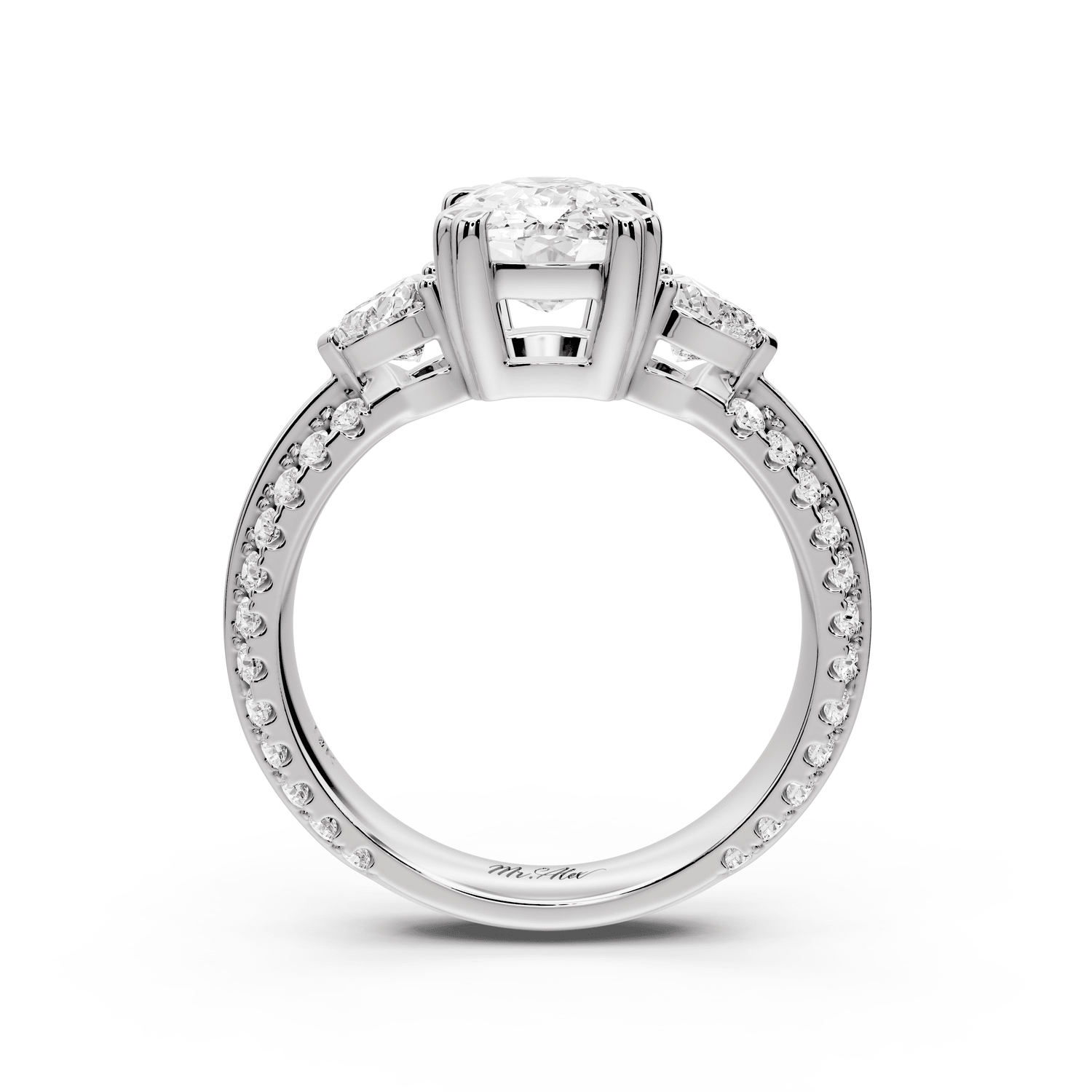 Elinor - 2ct 18k white gold ecushion diamond Double talon prongs with two heart side stones and rollover pavé engagement ring - Mr. Alex Jewelry