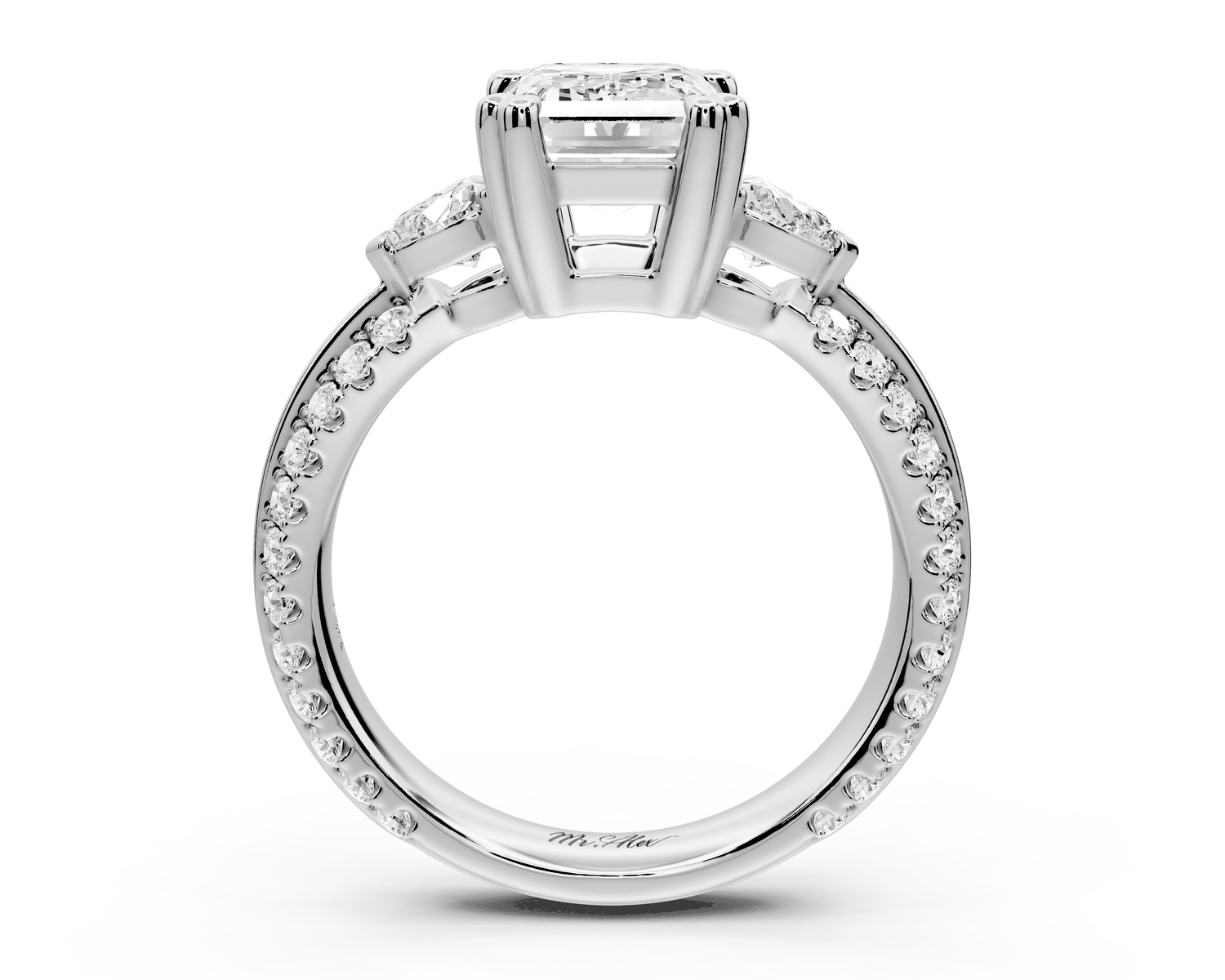 Elinor - 2ct 18k white gold emerald diamond Double talon prongs with two heart side stones and rollover pavé engagement ring - Mr. Alex Jewelry