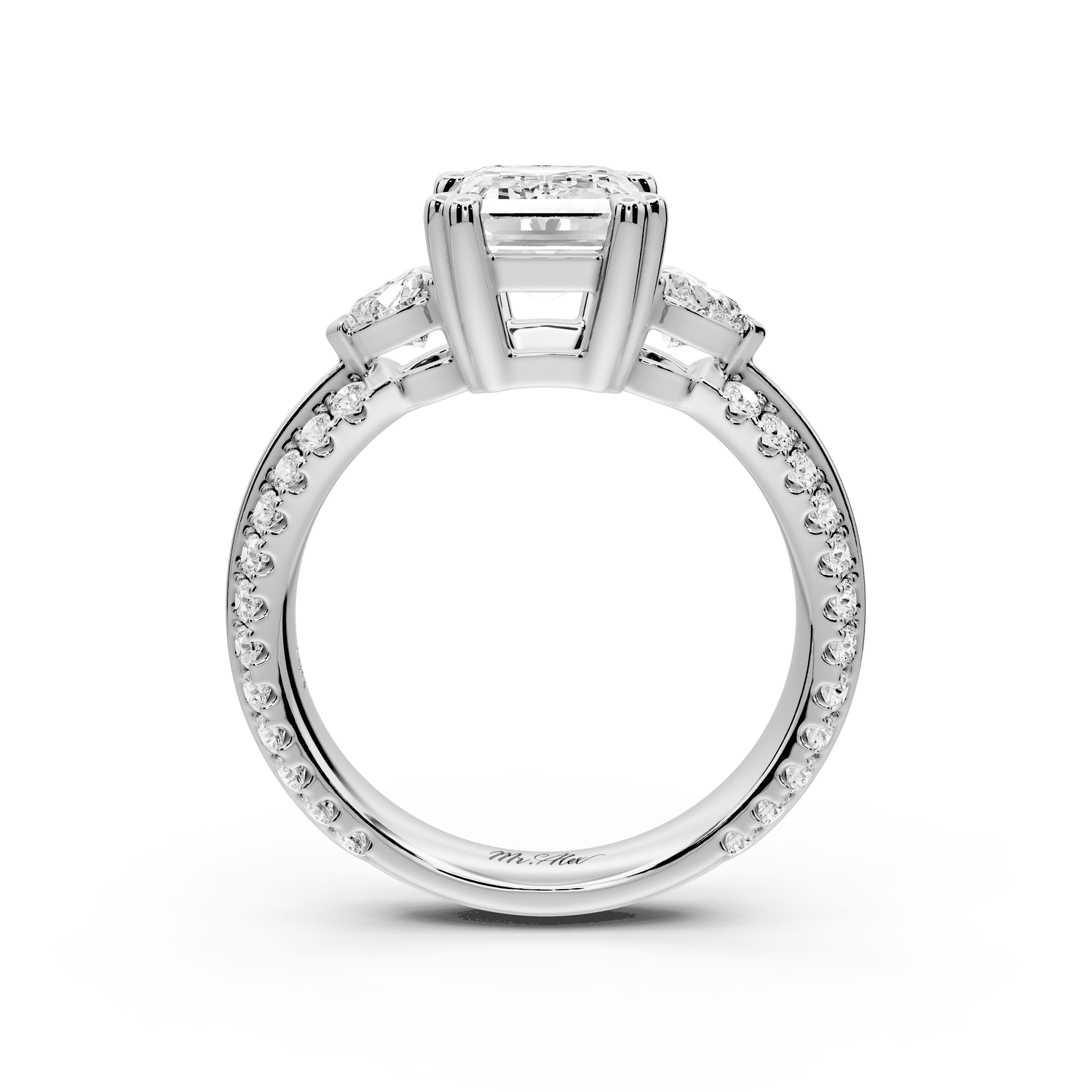 Elinor - 2ct 18k white gold emerald diamond Double talon prongs with two heart side stones and rollover pavé engagement ring - Mr. Alex Jewelry