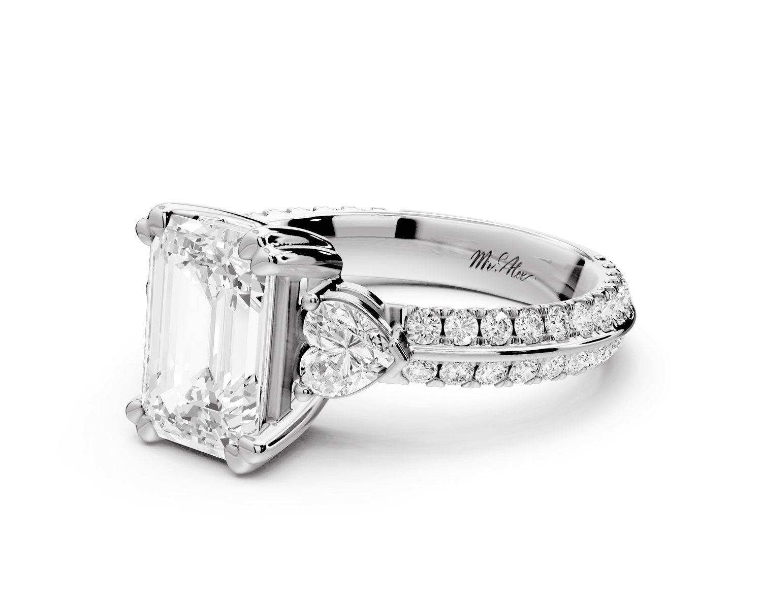 Elinor - 2ct 18k white gold emerald diamond Double talon prongs with two heart side stones and rollover pavé engagement ring - Mr. Alex Jewelry