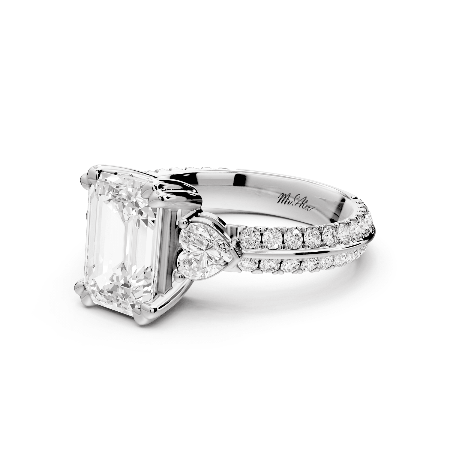 Elinor - 2ct 18k white gold emerald diamond Double talon prongs with two heart side stones and rollover pavé engagement ring - Mr. Alex Jewelry