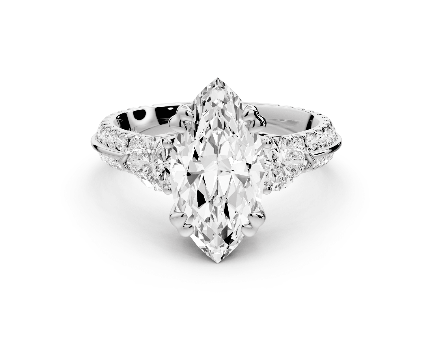 Elinor - 2ct 18k white gold marquise diamond Double talon prongs with two heart side stones and rollover pavé engagement ring - Mr. Alex Jewelry