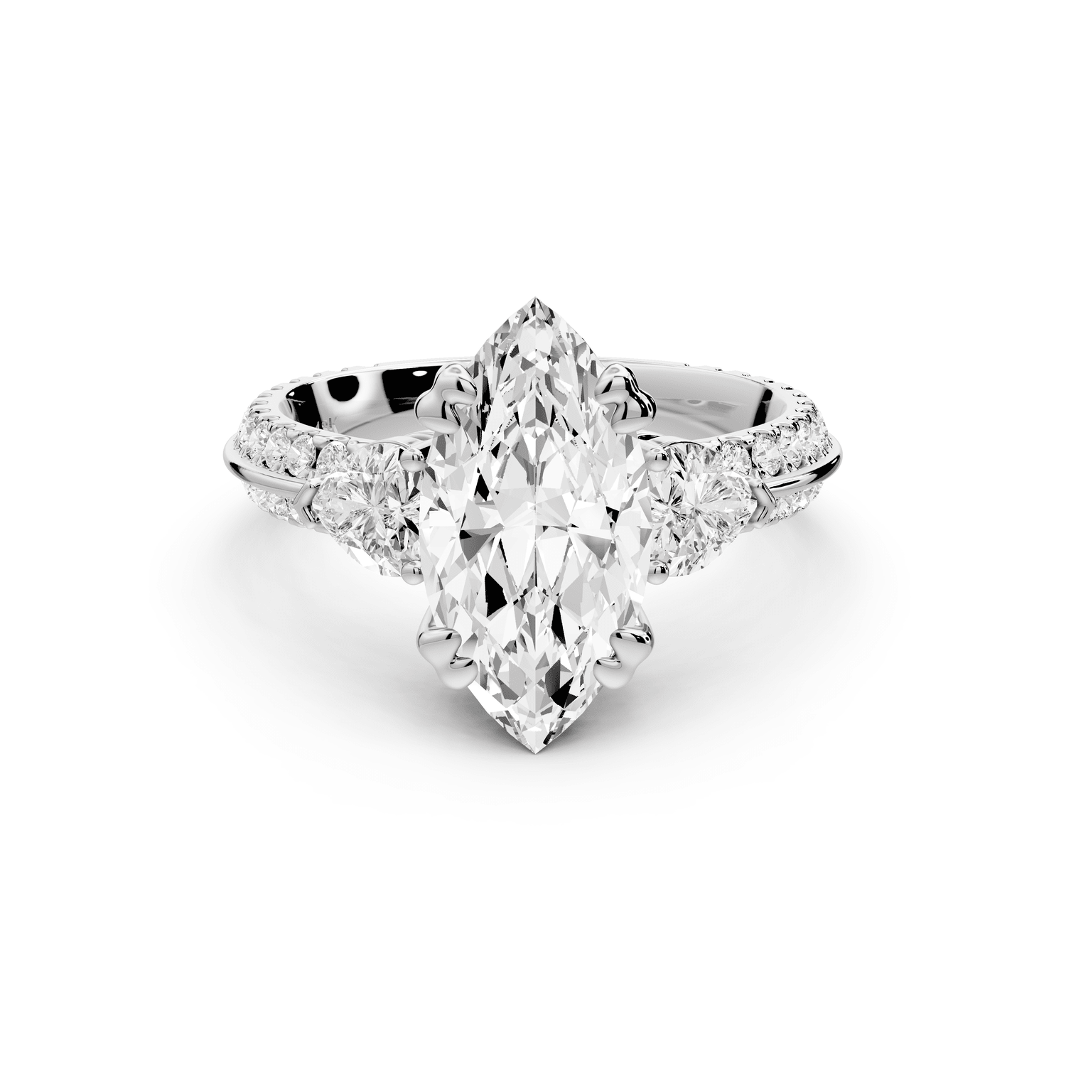 Elinor - 2ct 18k white gold marquise diamond Double talon prongs with two heart side stones and rollover pavé engagement ring - Mr. Alex Jewelry