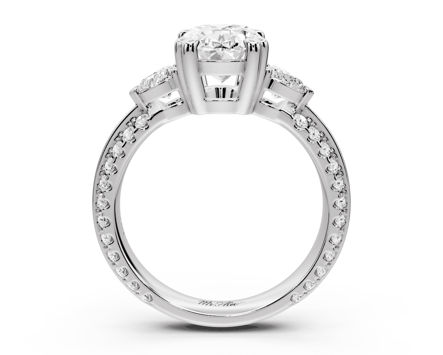 Elinor - 2ct 18k white gold oval diamond Double talon prongs with two heart side stones and rollover pavé engagement ring - Mr. Alex Jewelry