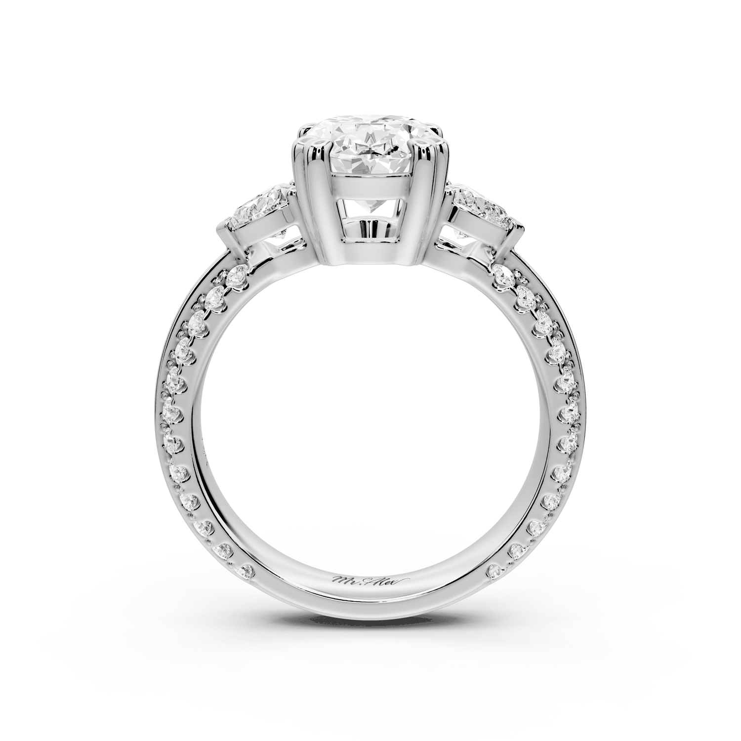 Elinor - 2ct 18k white gold oval diamond Double talon prongs with two heart side stones and rollover pavé engagement ring - Mr. Alex Jewelry