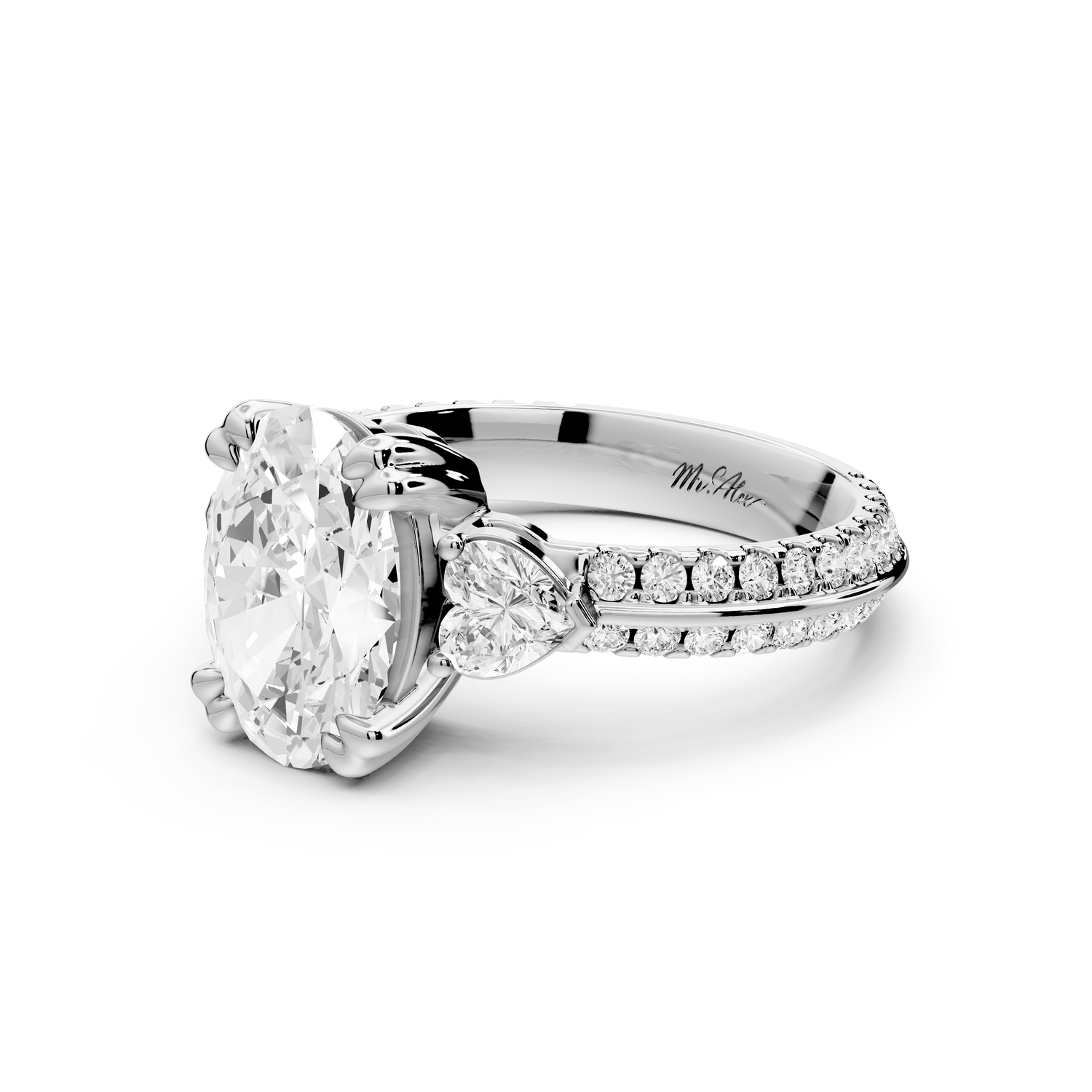 Elinor - 2ct 18k white gold oval diamond Double talon prongs with two heart side stones and rollover pavé engagement ring - Mr. Alex Jewelry