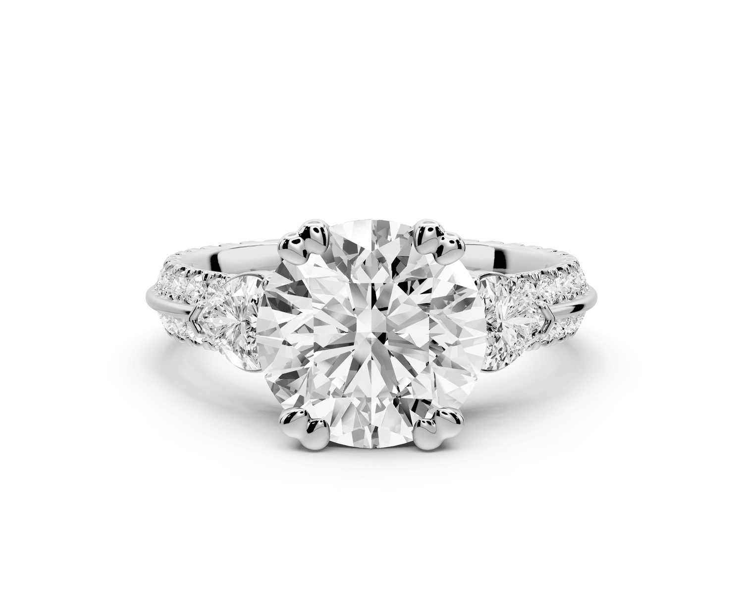 Elinor - 2ct 18k white gold pear diamond Double talon prongs with two heart side stones and rollover pavé engagement ring - Mr. Alex Jewelry
