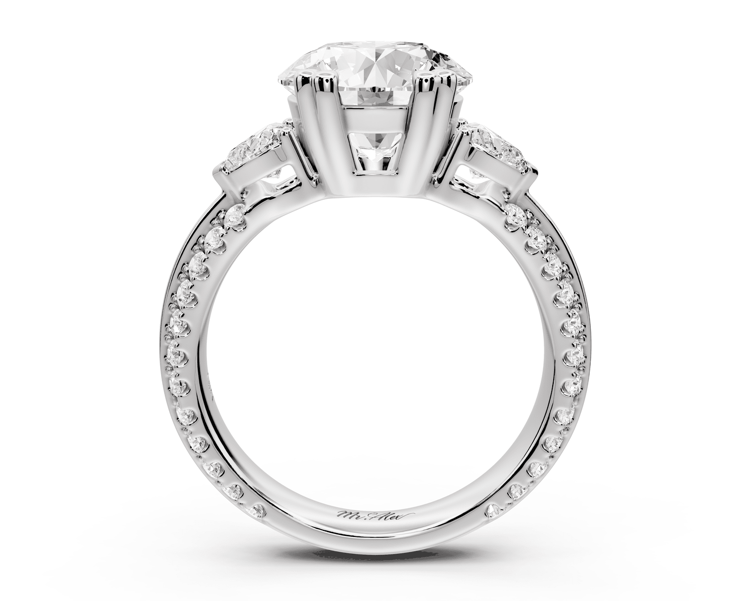 Elinor - 2ct 18k white gold pear diamond Double talon prongs with two heart side stones and rollover pavé engagement ring - Mr. Alex Jewelry
