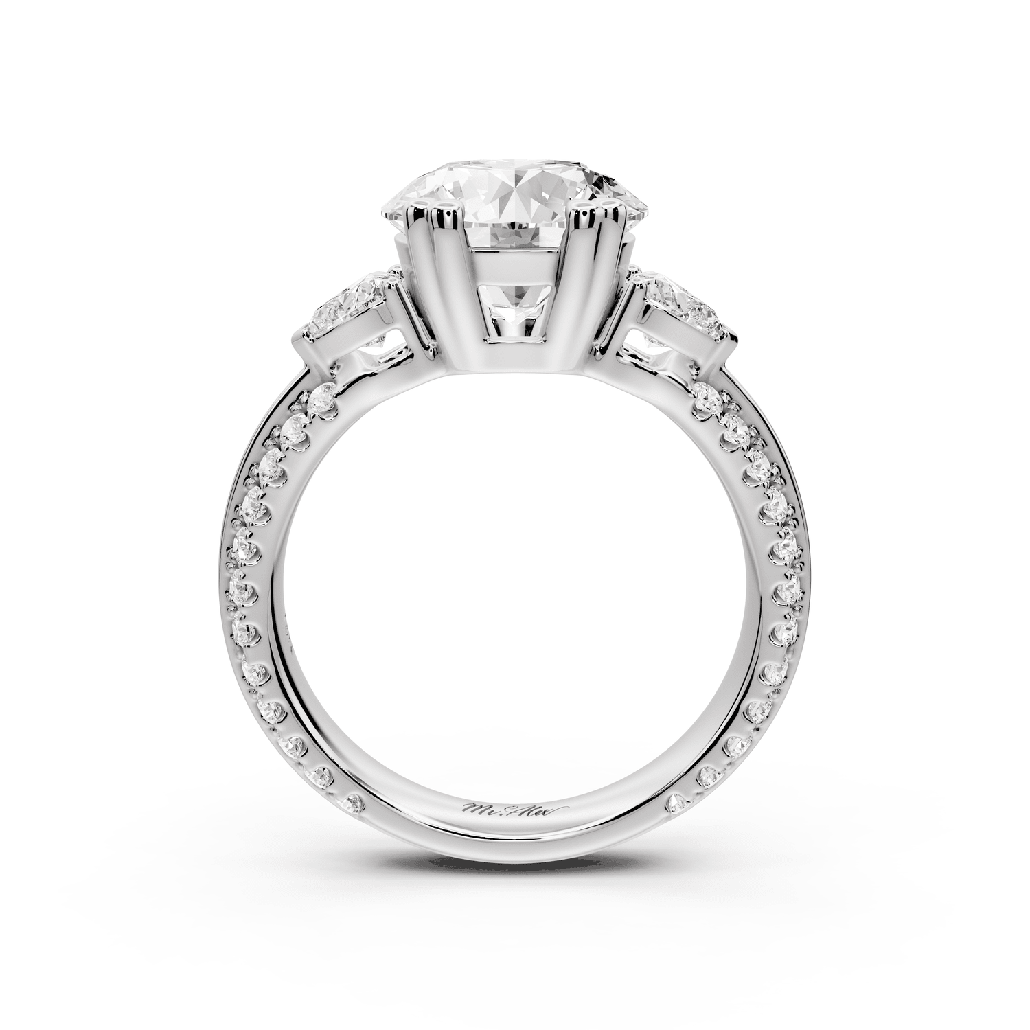 Elinor - 2ct 18k white gold pear diamond Double talon prongs with two heart side stones and rollover pavé engagement ring - Mr. Alex Jewelry