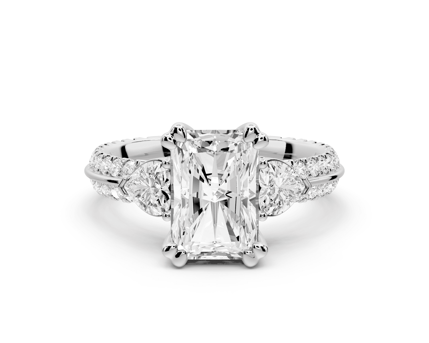 Elinor - 2ct 18k white gold radiant diamond Double talon prongs with two heart side stones and rollover pavé engagement ring - Mr. Alex Jewelry