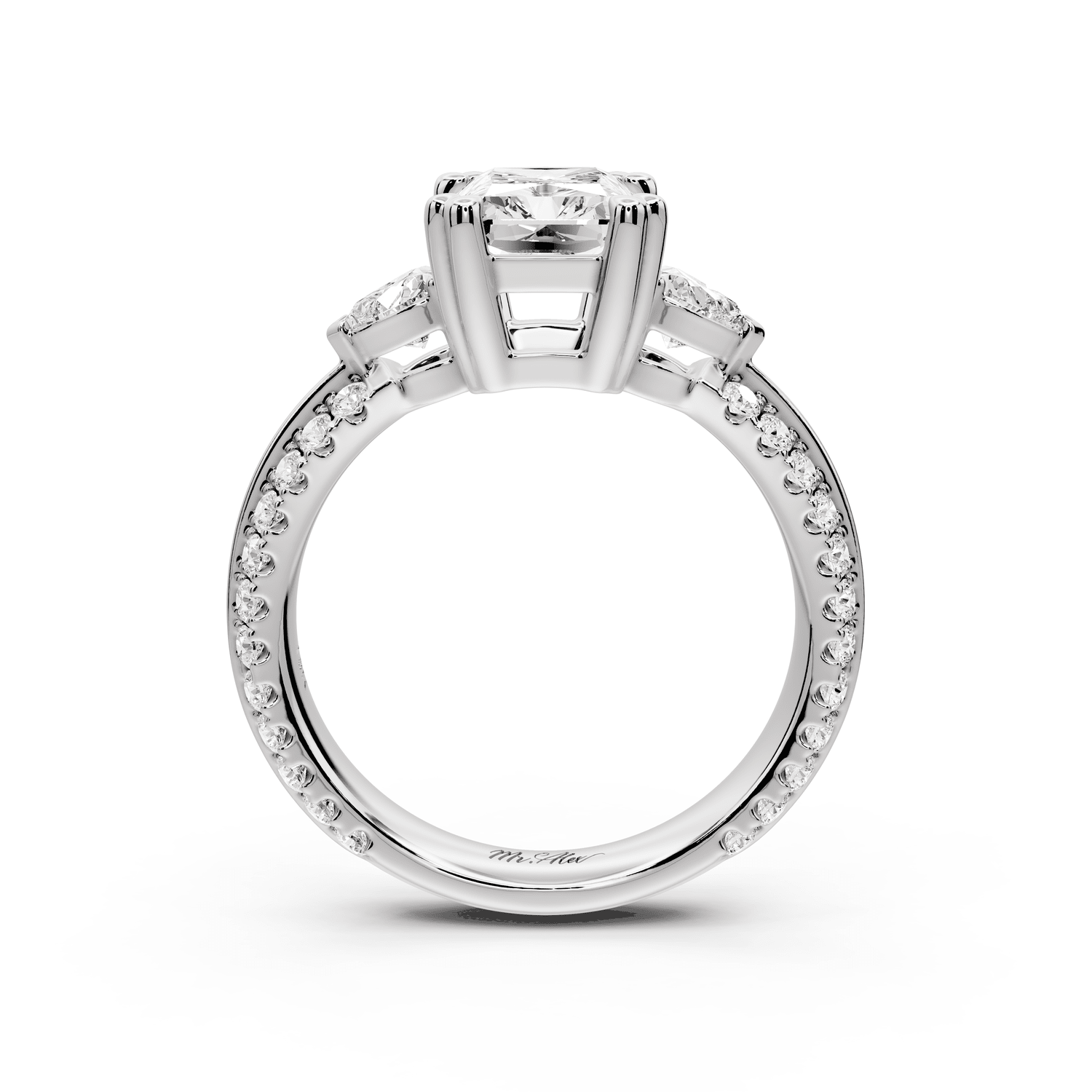 Elinor - 2ct 18k white gold radiant diamond Double talon prongs with two heart side stones and rollover pavé engagement ring - Mr. Alex Jewelry