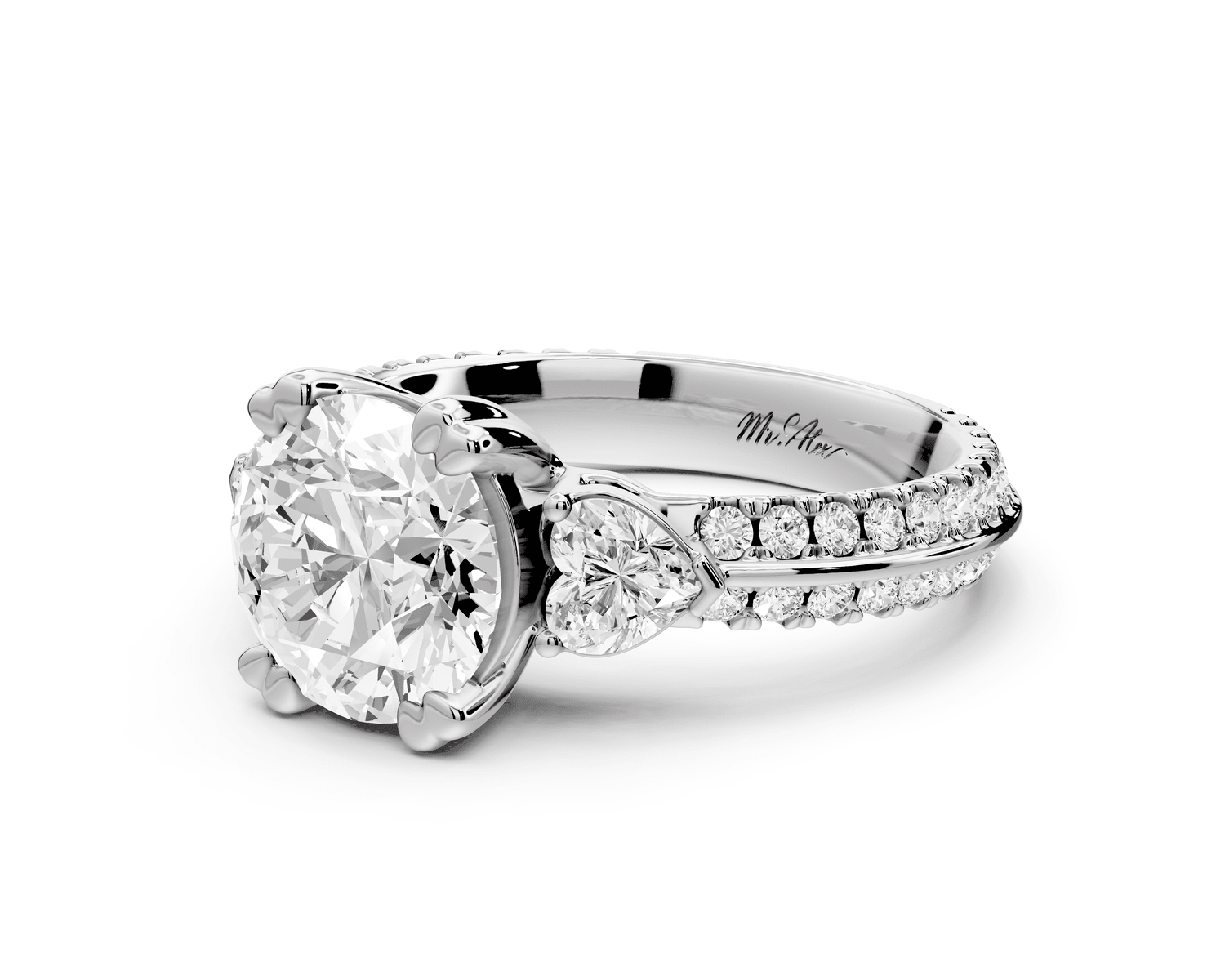Elinor - 2ct 18k white gold round diamond Double talon prongs with two heart side stones and rollover pavé engagement ring - Mr. Alex Jewelry
