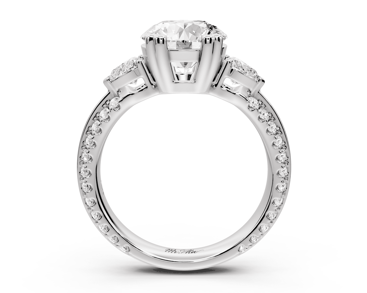 Elinor - 2ct 18k white gold round diamond Double talon prongs with two heart side stones and rollover pavé engagement ring - Mr. Alex Jewelry