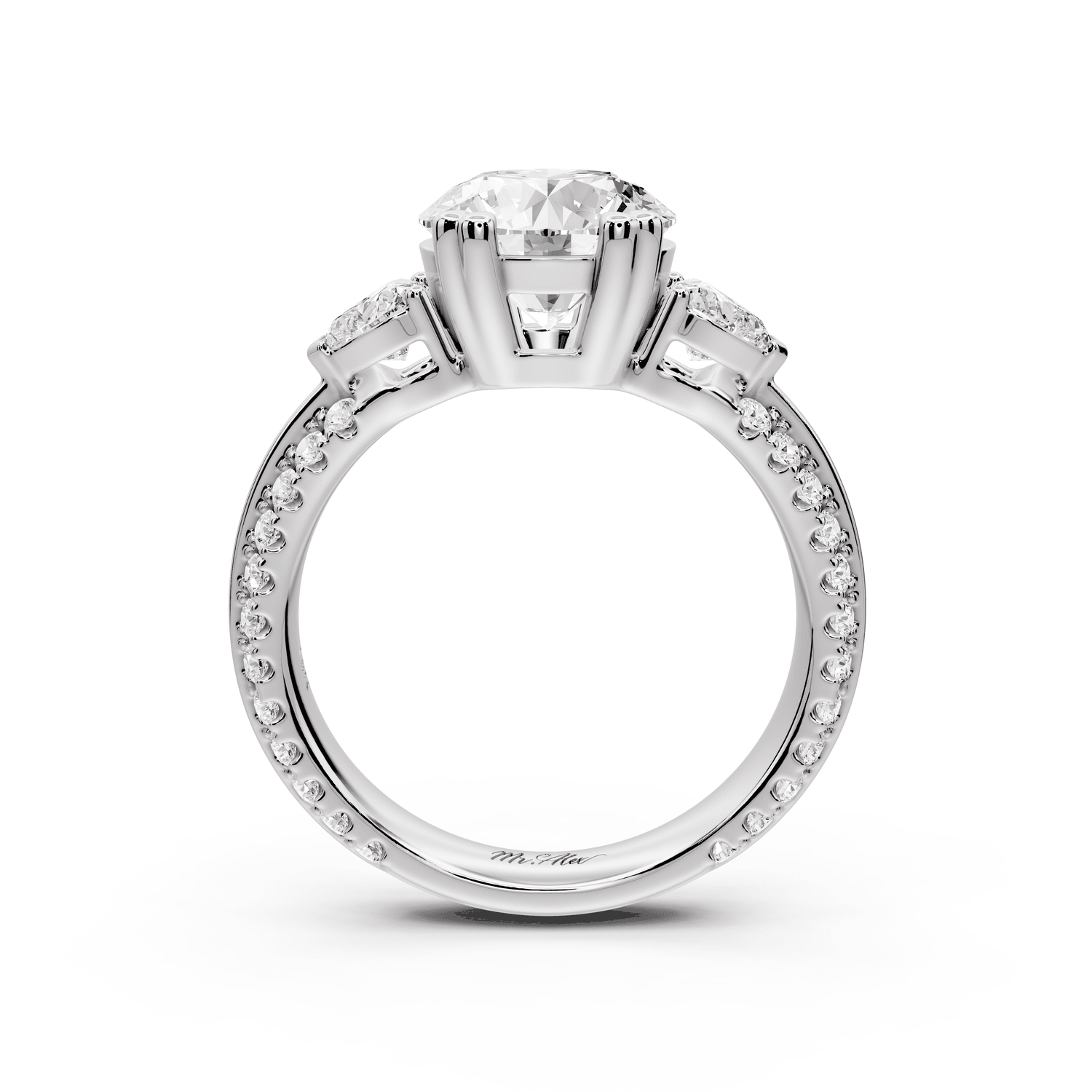 Elinor - 2ct 18k white gold round diamond Double talon prongs with two heart side stones and rollover pavé engagement ring - Mr. Alex Jewelry
