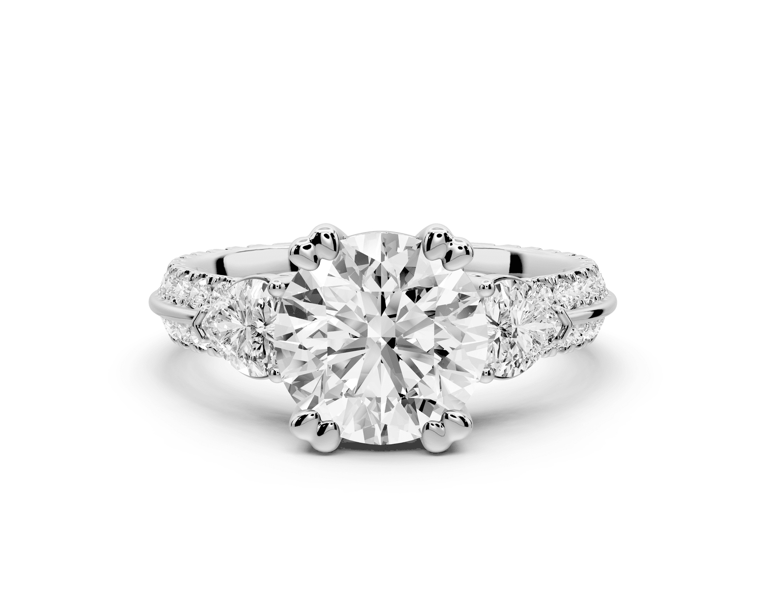 Elinor - 2ct 18k white gold round diamond Double talon prongs with two heart side stones and rollover pavé engagement ring - Mr. Alex Jewelry