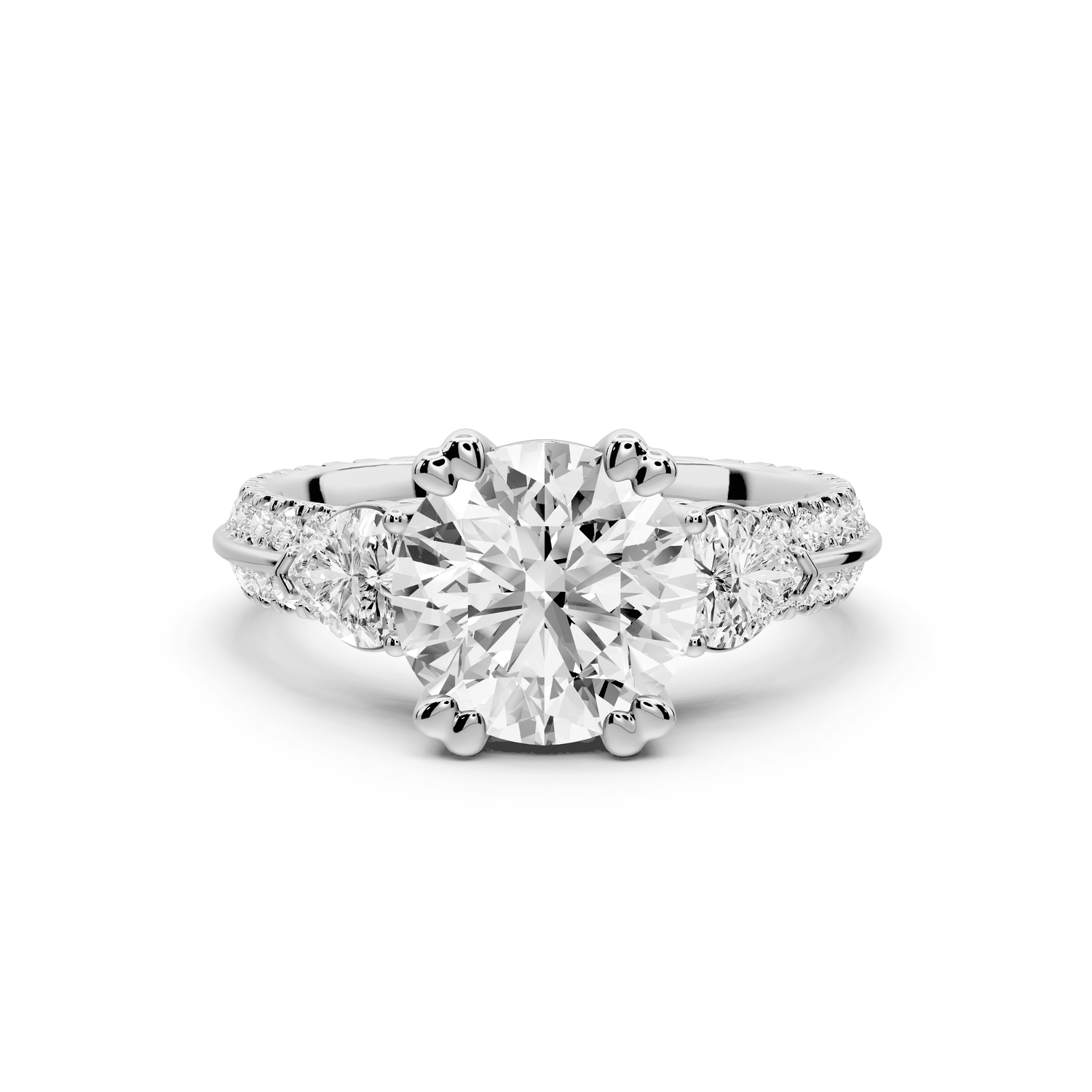 Elinor - 2ct 18k white gold round diamond Double talon prongs with two heart side stones and rollover pavé engagement ring - Mr. Alex Jewelry