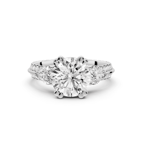 Elinor - 2ct 18k white gold round diamond Double talon prongs with two heart side stones and rollover pavé engagement ring - Mr. Alex Jewelry