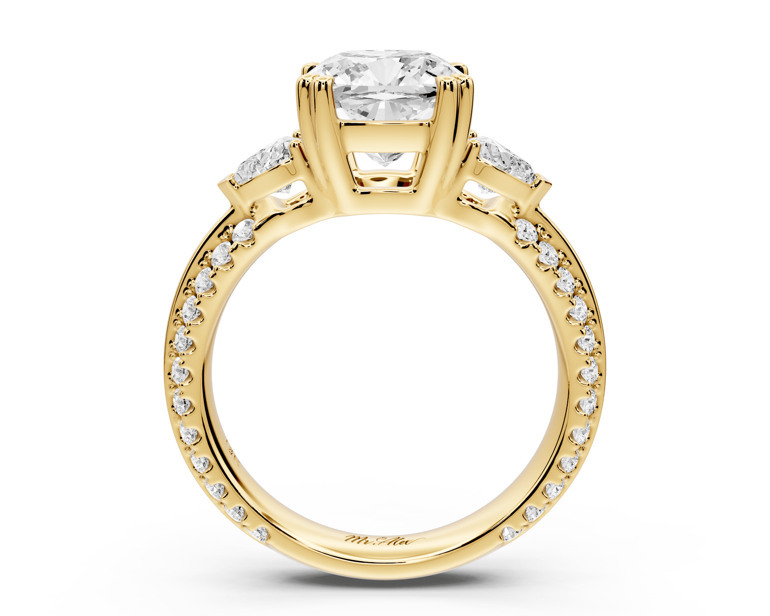 Elinor - 2ct 18k yellow gold cushion diamond Double talon prongs with two heart side stones and rollover pavé engagement ring - Mr. Alex Jewelry