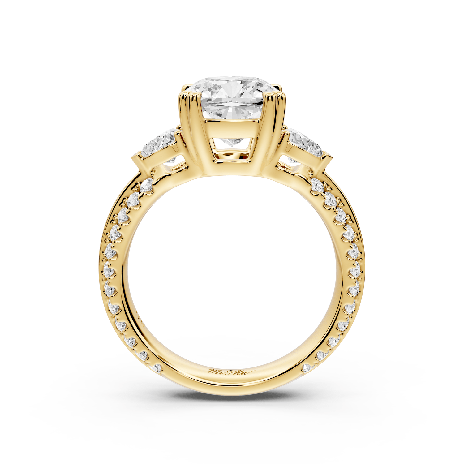 Elinor - 2ct 18k yellow gold cushion diamond Double talon prongs with two heart side stones and rollover pavé engagement ring - Mr. Alex Jewelry